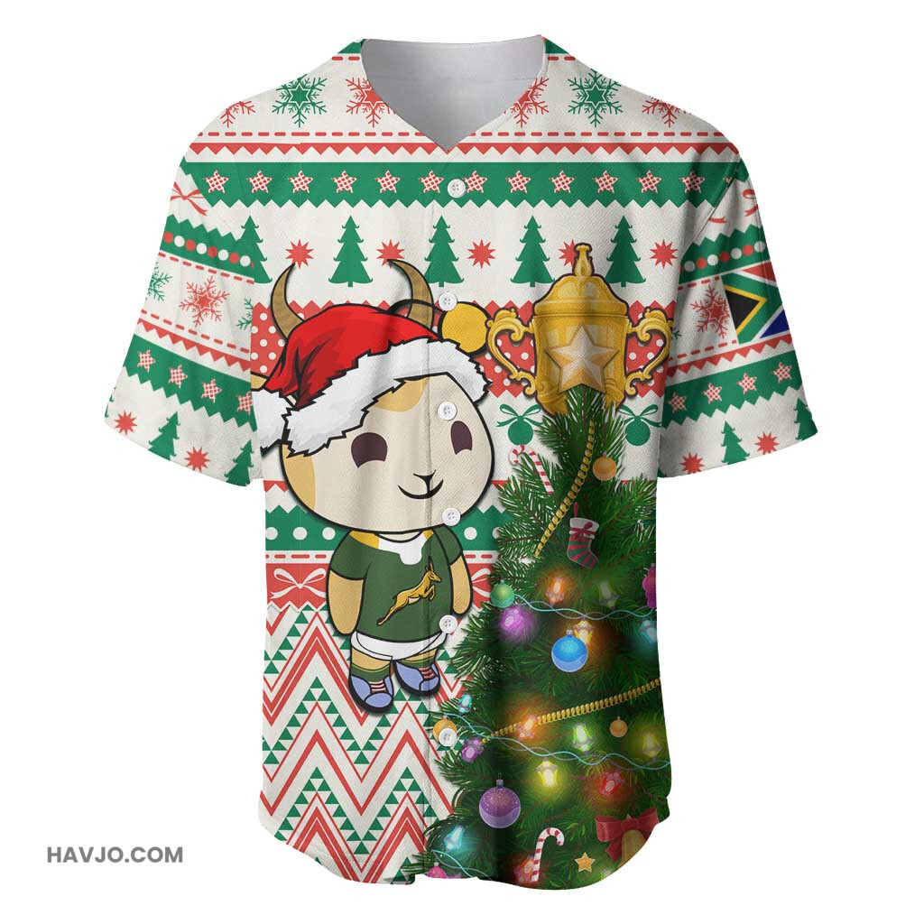 Personalized South Africa Rugby Christmas with Cute Springbok and Christmas Tree Baseball Jersey