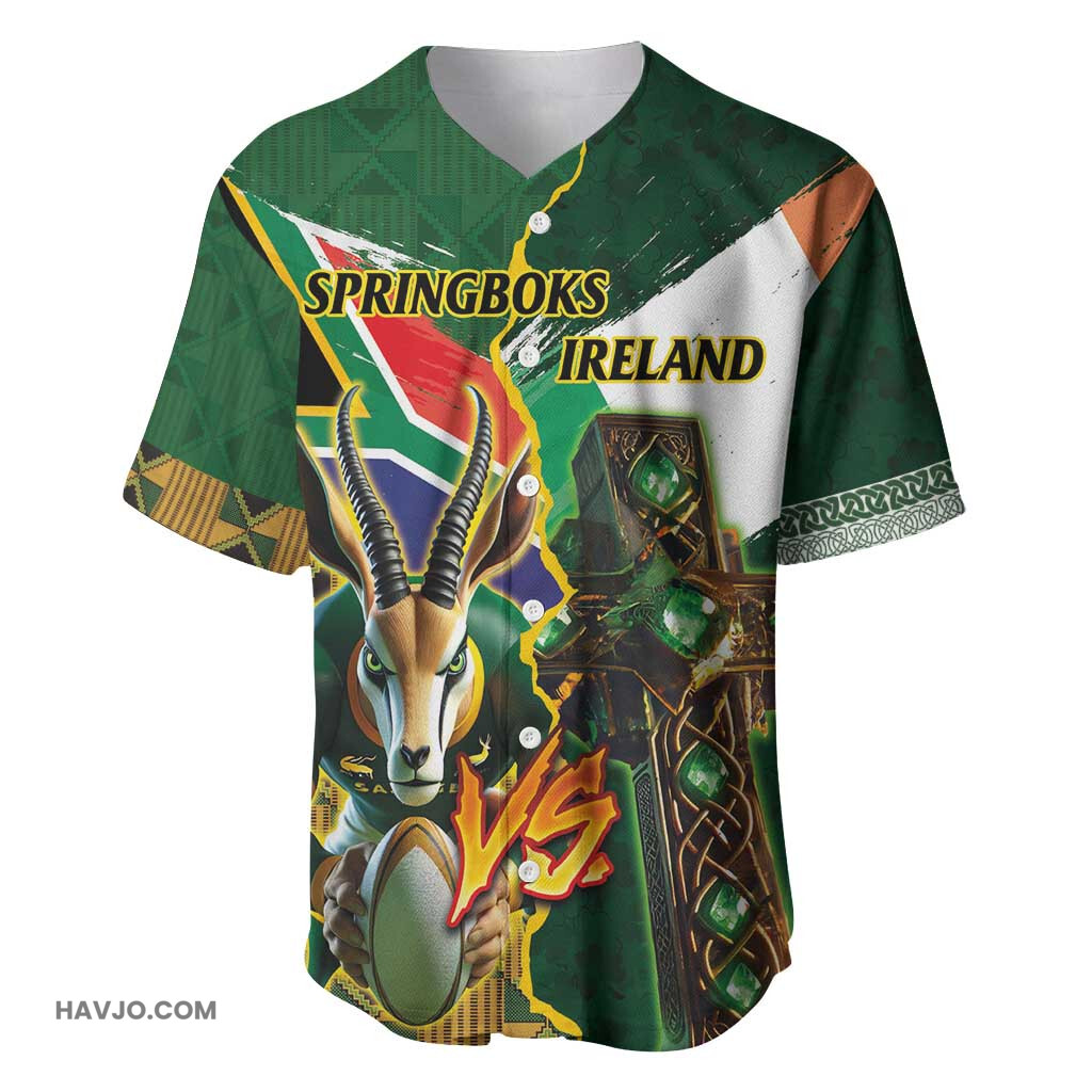 Personalized South Africa Versus Ireland Rugby Springbok Mascot, Celtic Cross Design Baseball Jersey