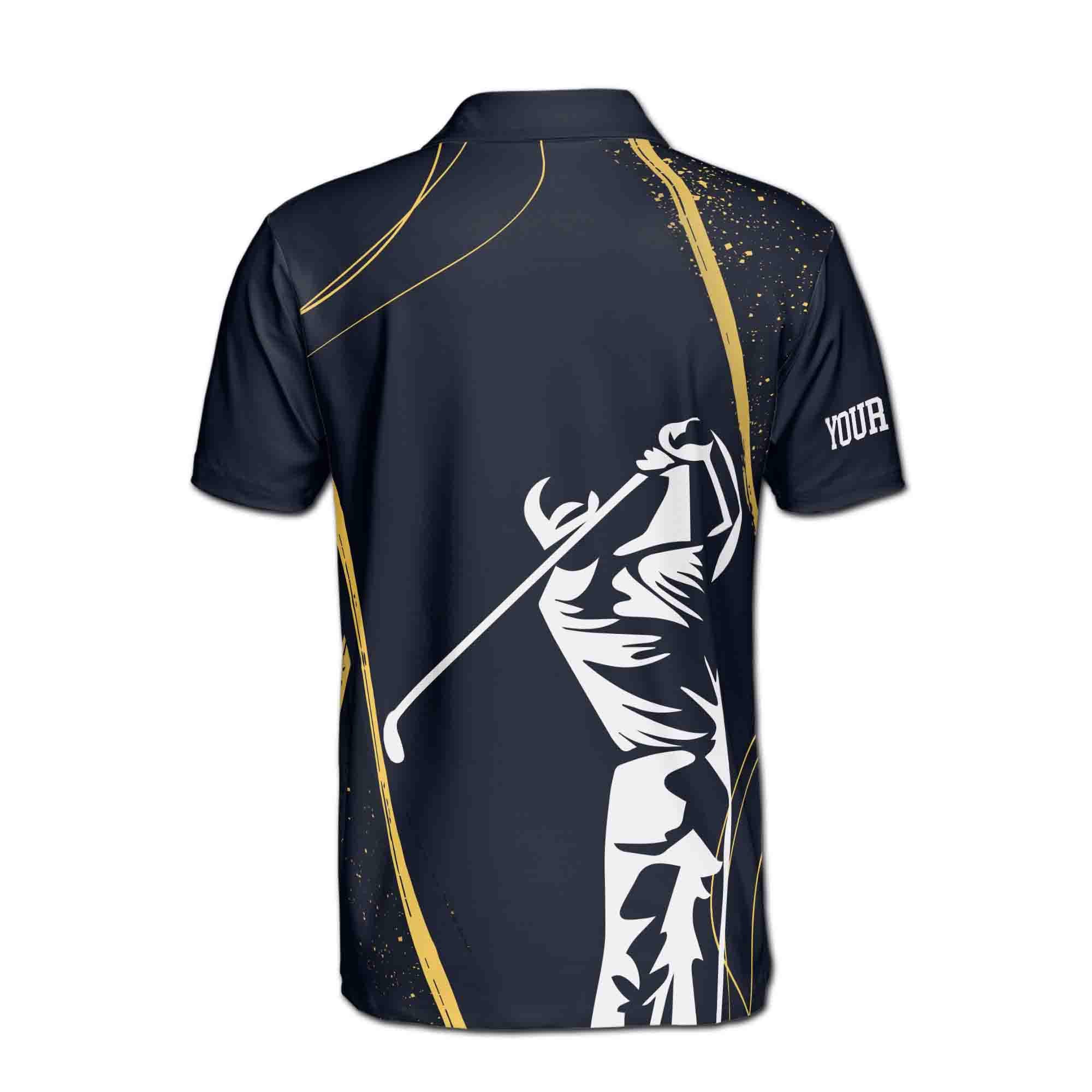Personalized Stylized Golf Player Swing Golden Spatter Men's Polo Shirt - Image 3