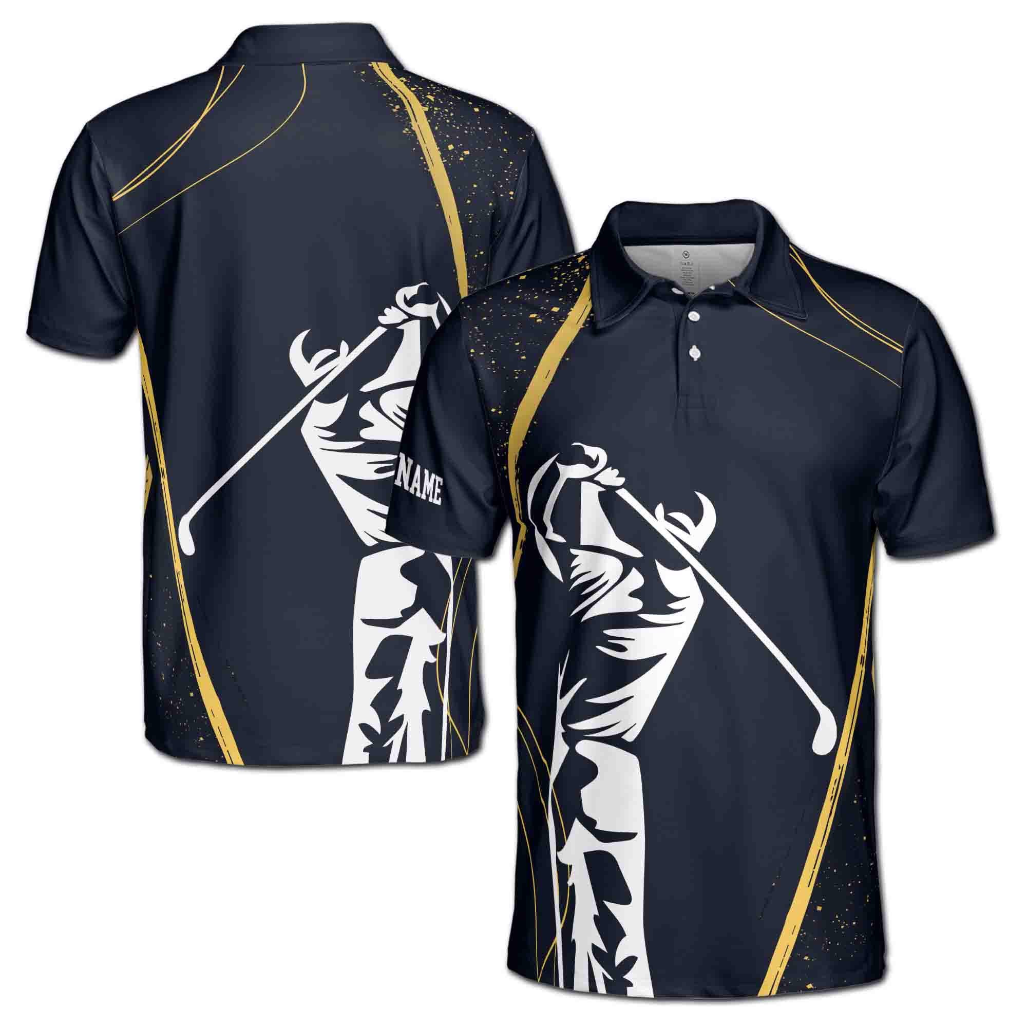 Personalized Stylized Golf Player Swing Golden Spatter Men's Polo Shirt