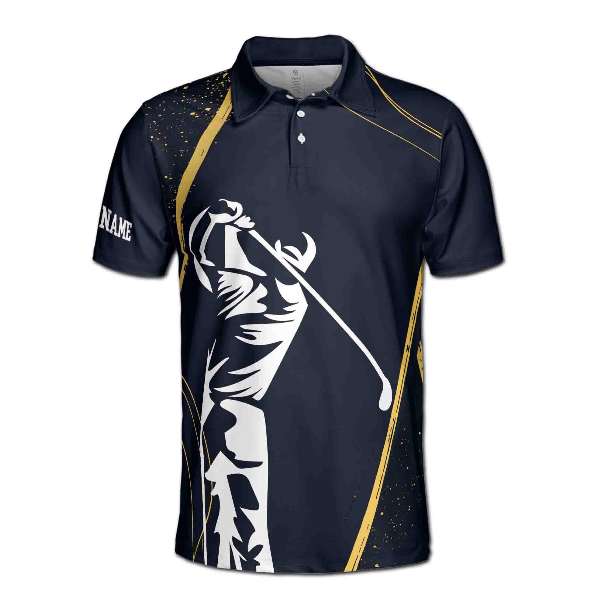 Alternative view of Personalized Stylized Golf Player Swing Golden Spatter Men's Polo Shirt