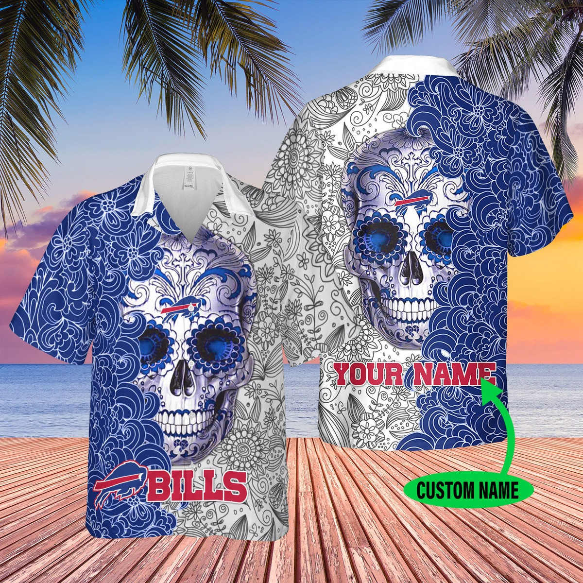 Personalized Sugar Skull Buffalo Bills Hawaiian Shirt Tropical Aloha Button Up
