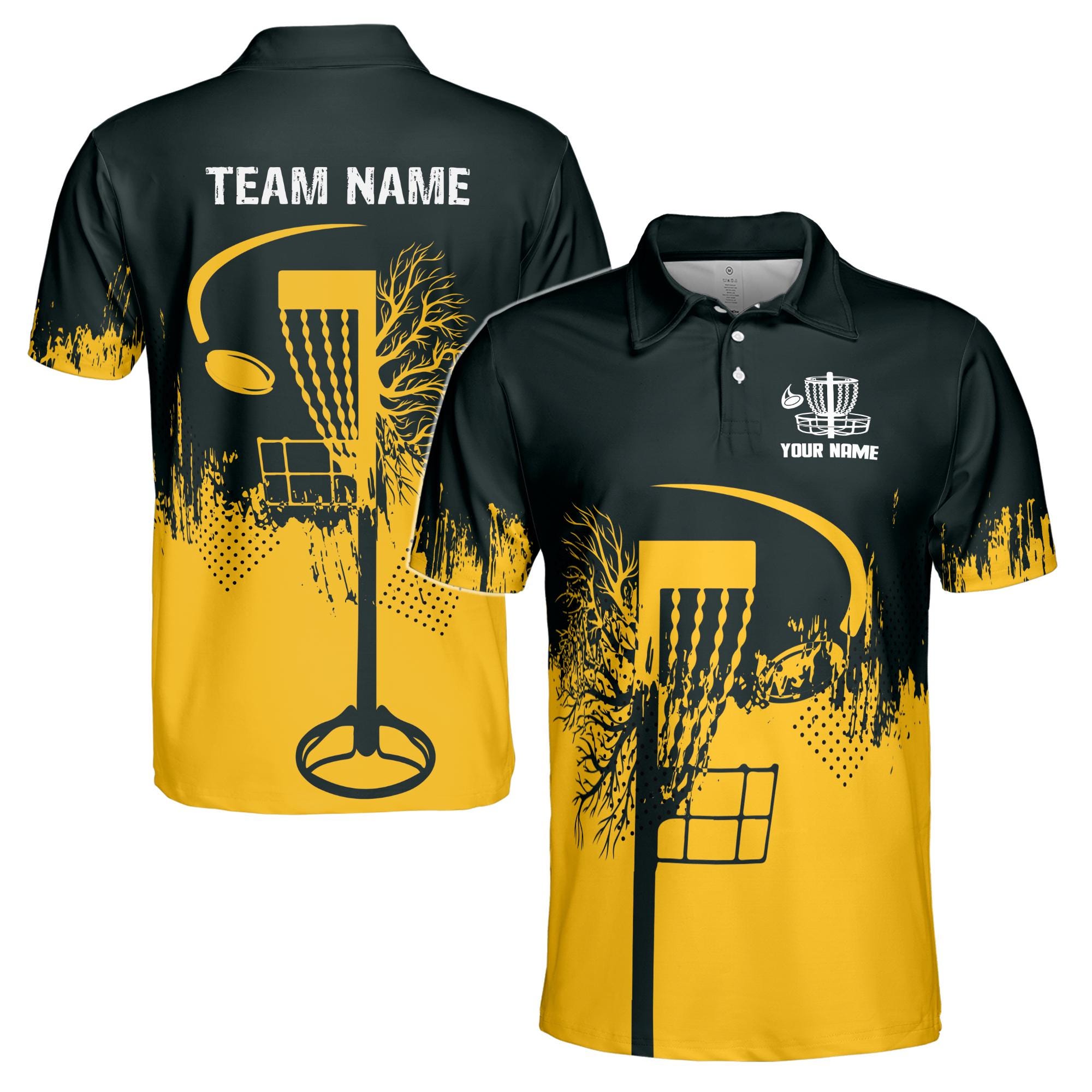 Personalized Team Disc Golf Grunge Black Yellow Pattern Men's Polo Shirt