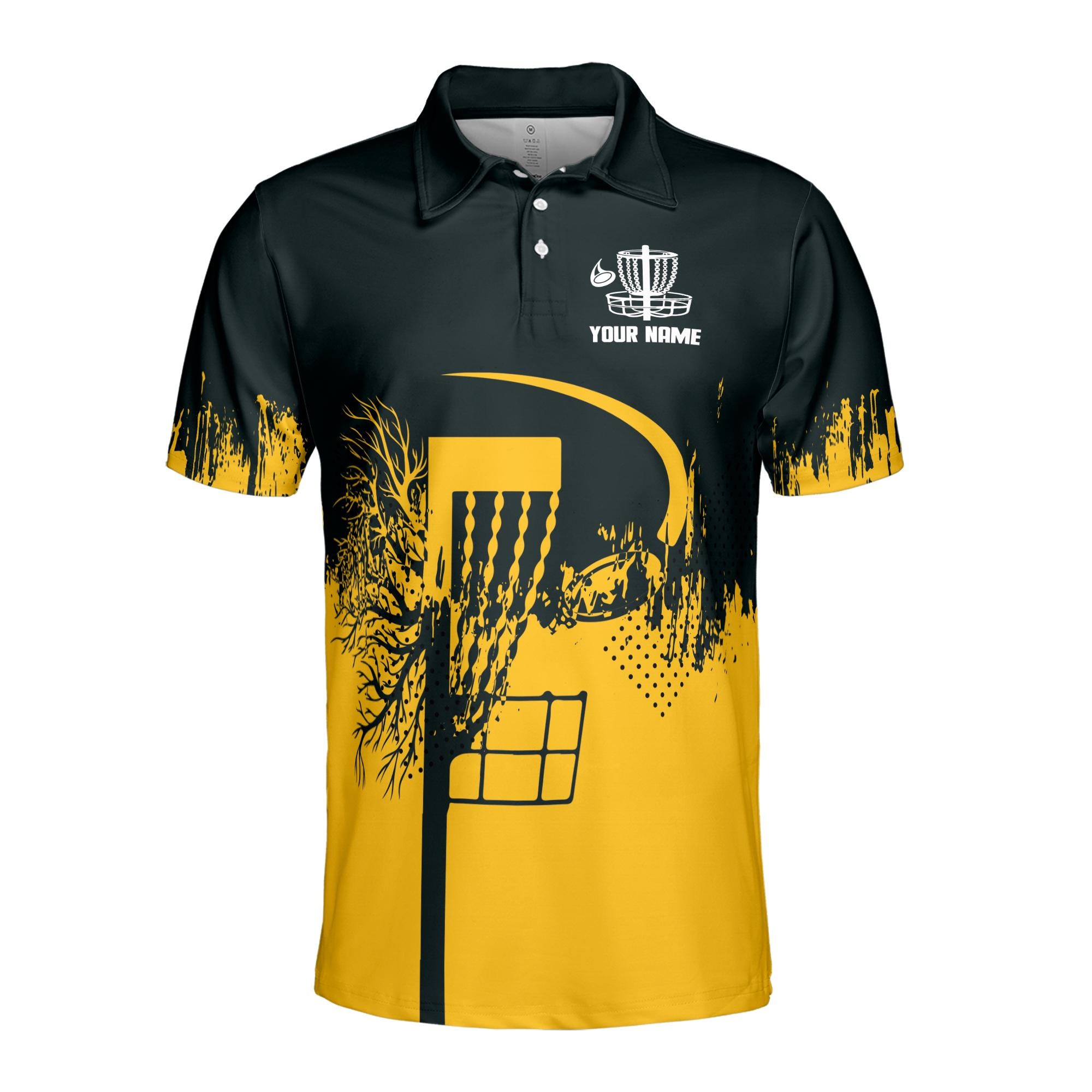 Alternative view of Personalized Team Disc Golf Grunge Black Yellow Pattern Men's Polo Shirt