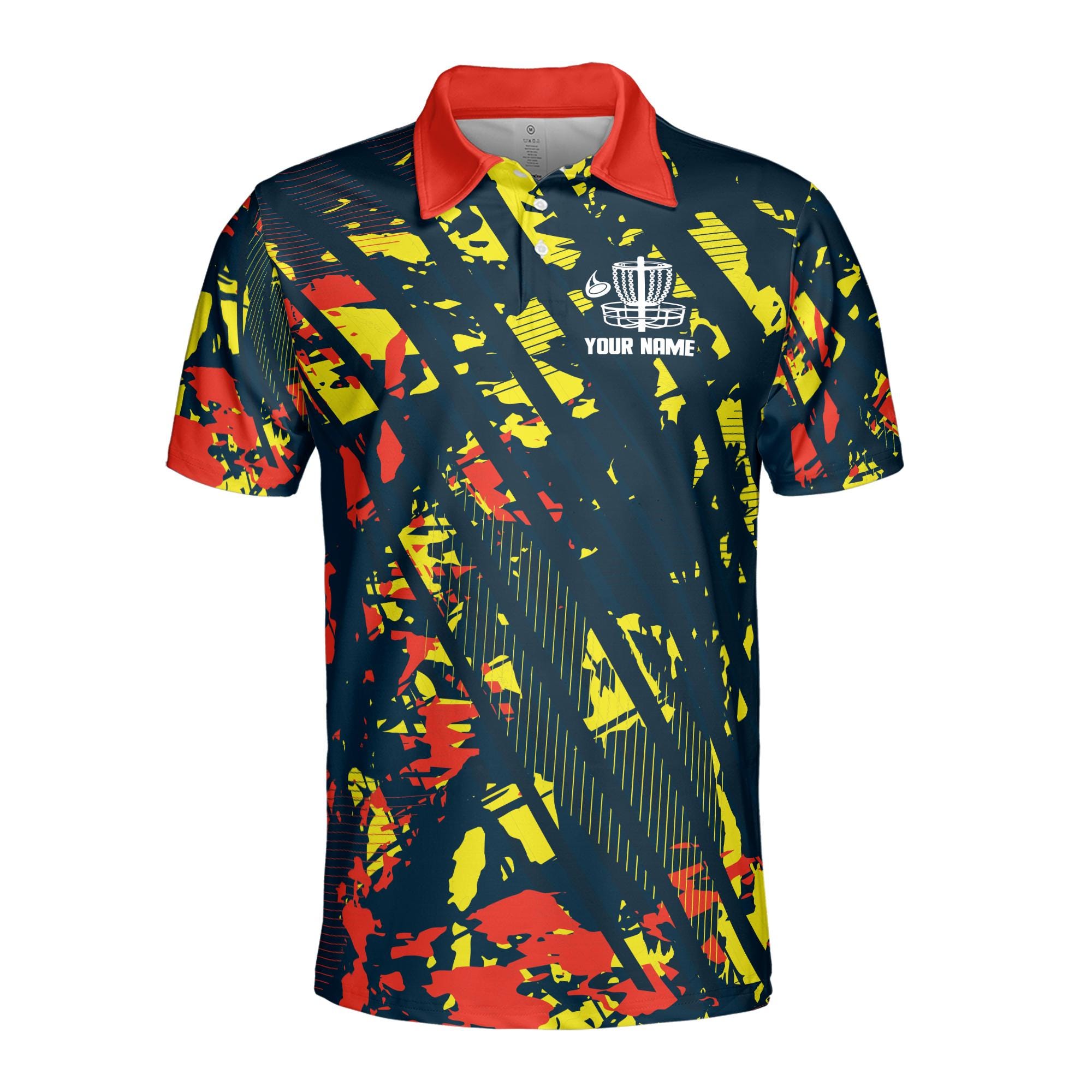 Alternative view of Personalized Team Disc Golf Splatter Orange Yellow Paint Men's Polo Shirt