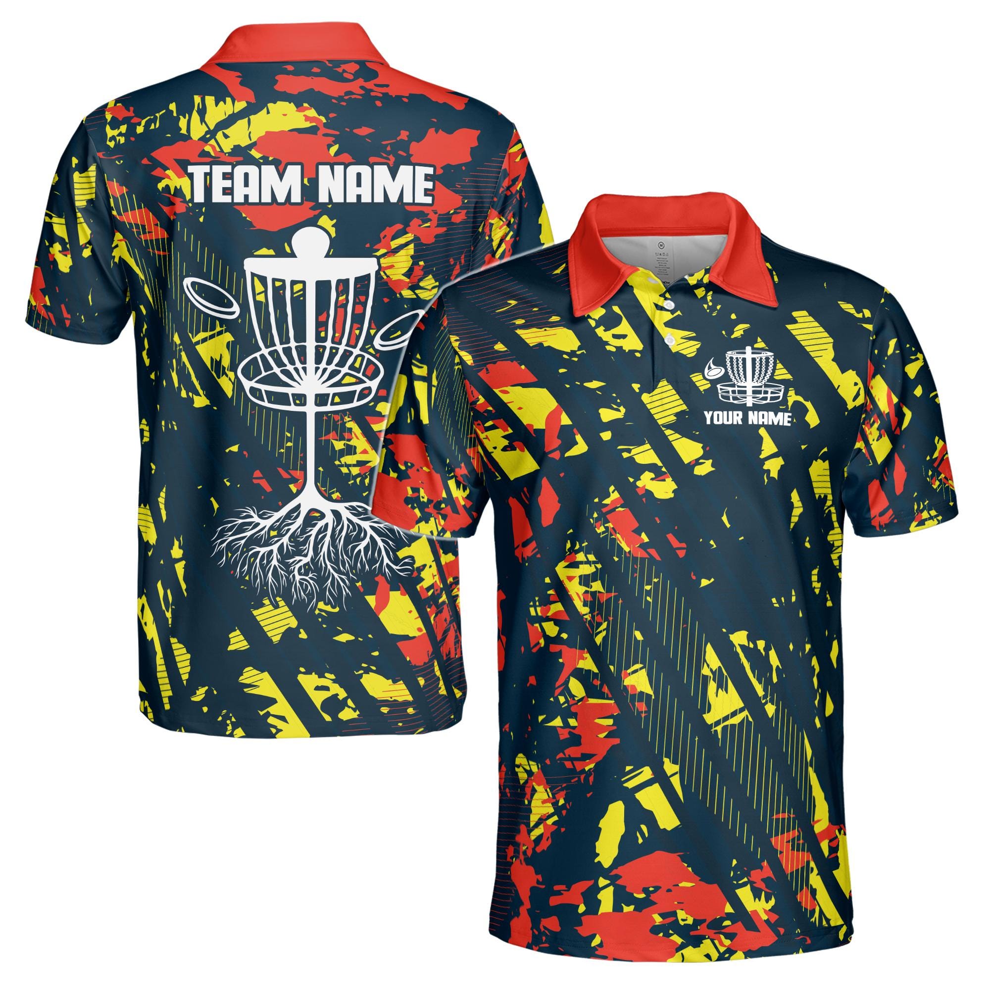 Personalized Team Disc Golf Splatter Orange Yellow Paint Men's Polo Shirt