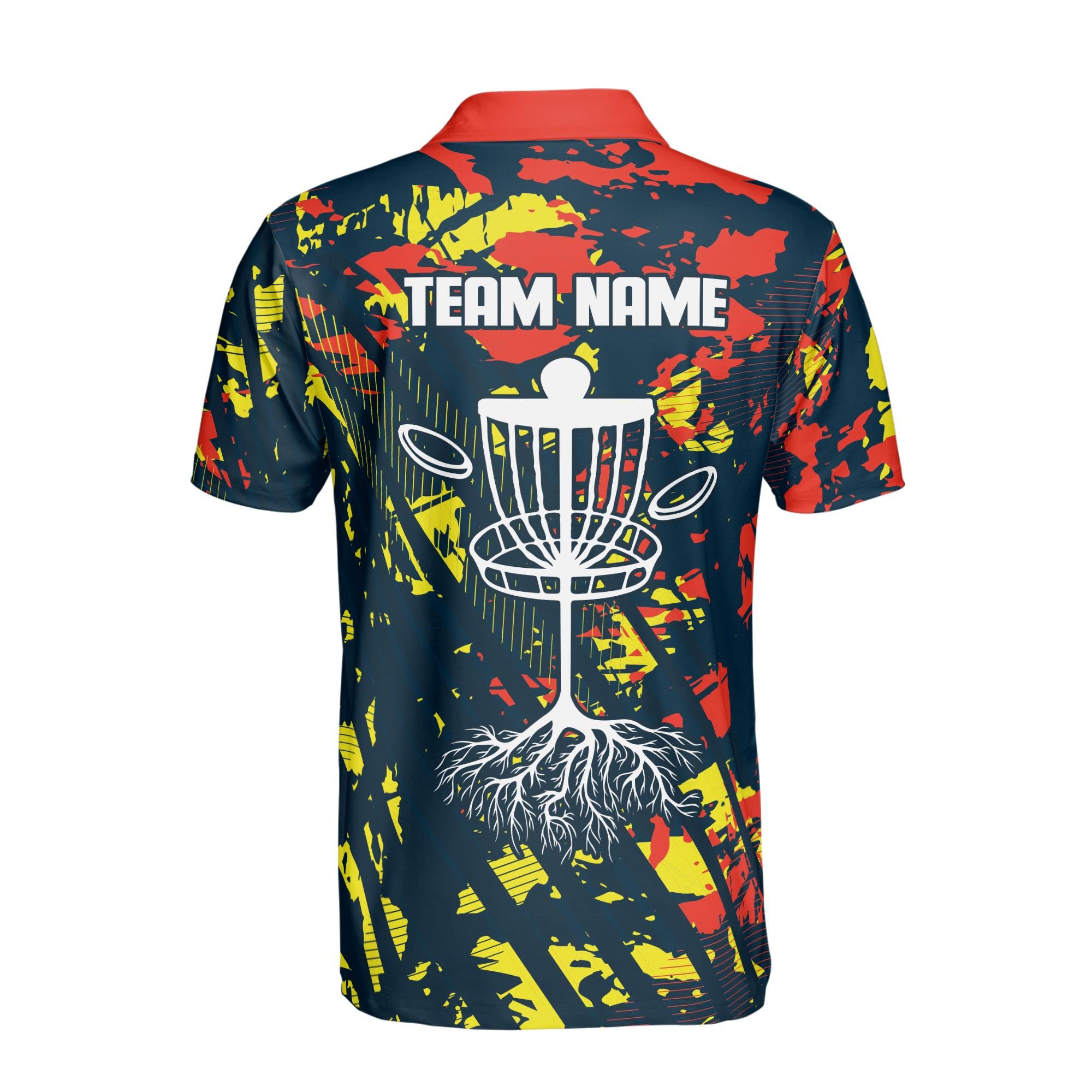 Personalized Team Disc Golf Splatter Orange Yellow Paint Men's Polo Shirt - Image 3