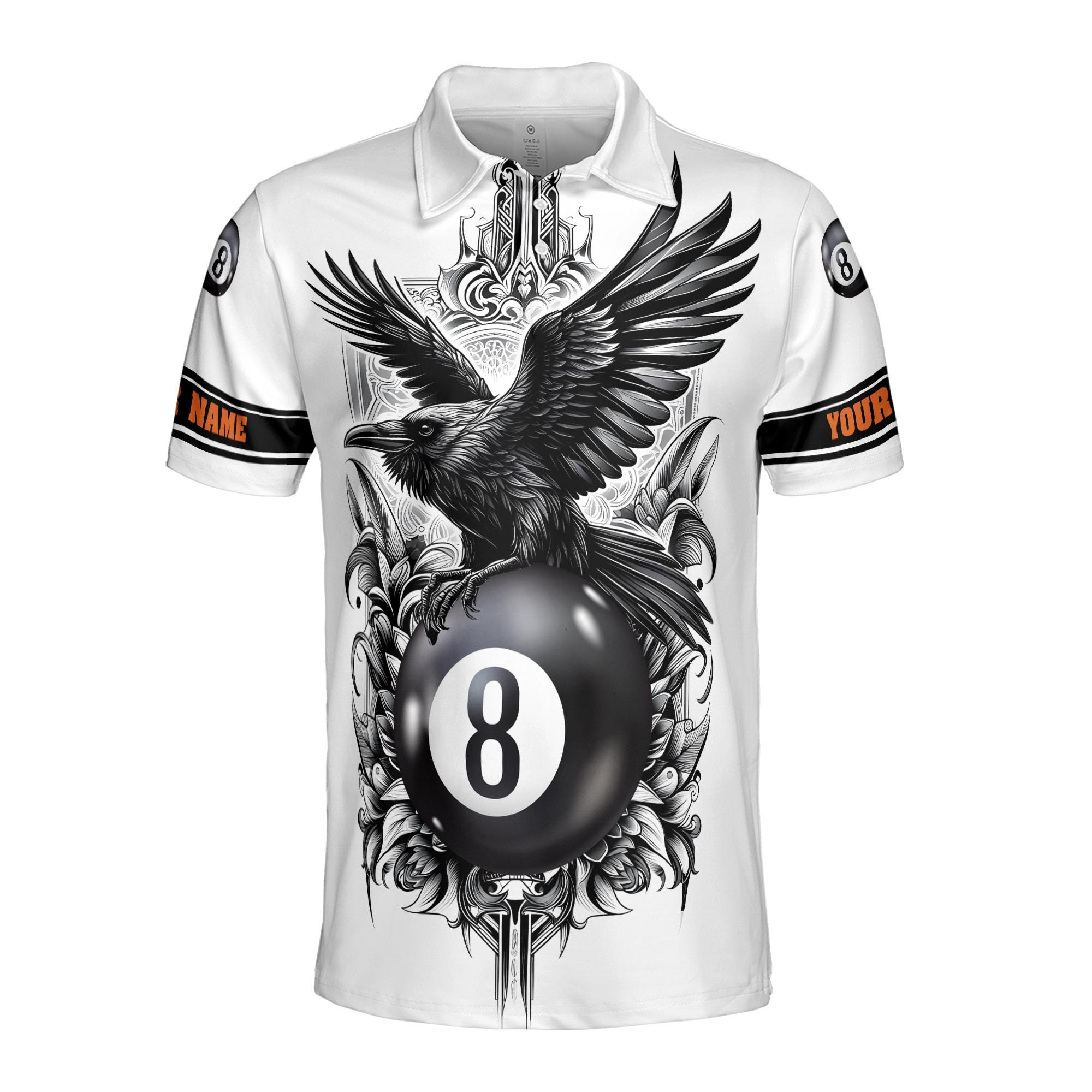 Alternative view of Personalized Team Name Billiards Pool Player Men's Polo Shirt, Raven Viking Grunge Design