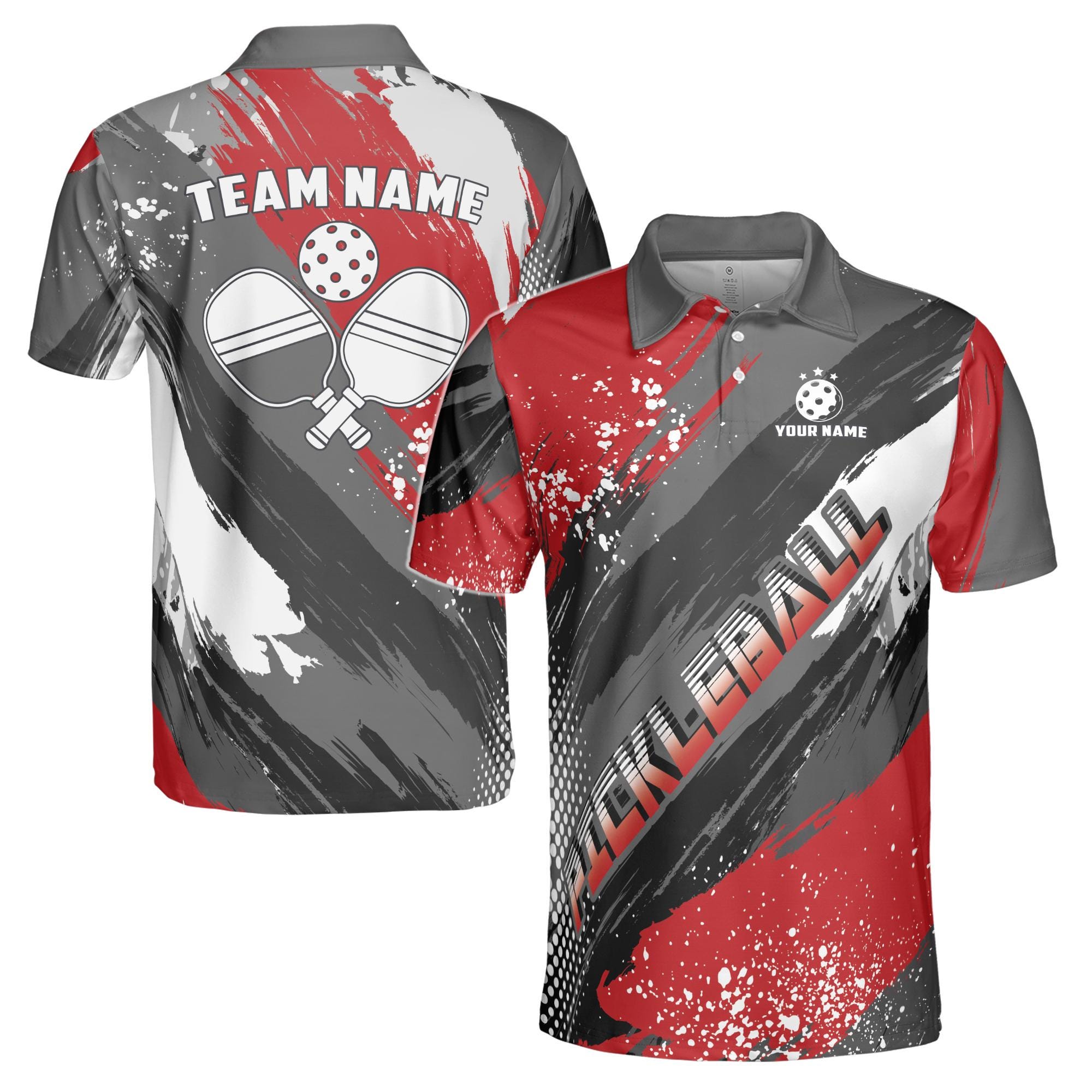 Alternative view of Personalized Team Name Gray Red Pickleball Bowling Darts Men's Polo Shirt