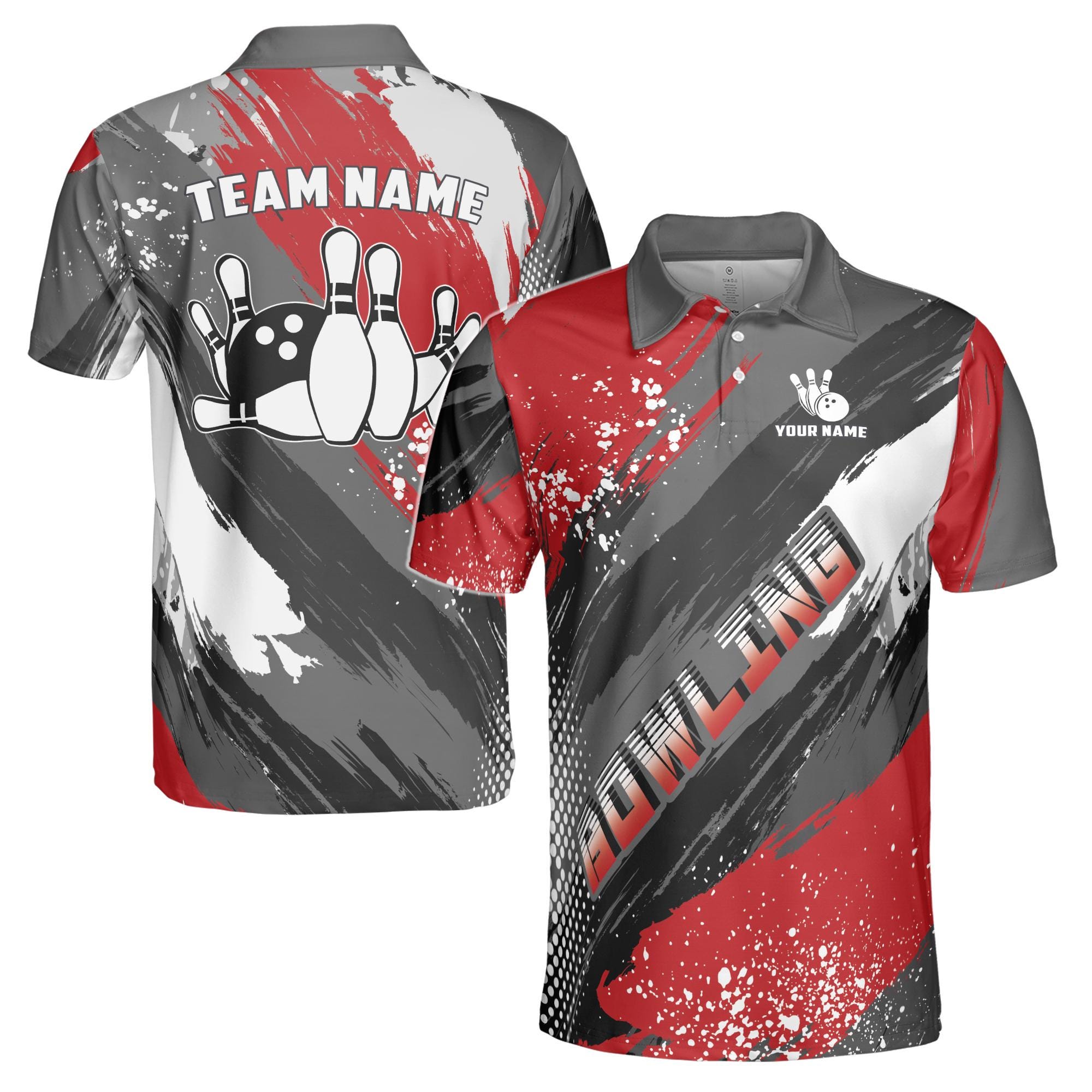 Personalized Team Name Gray Red Pickleball Bowling Darts Men's Polo Shirt