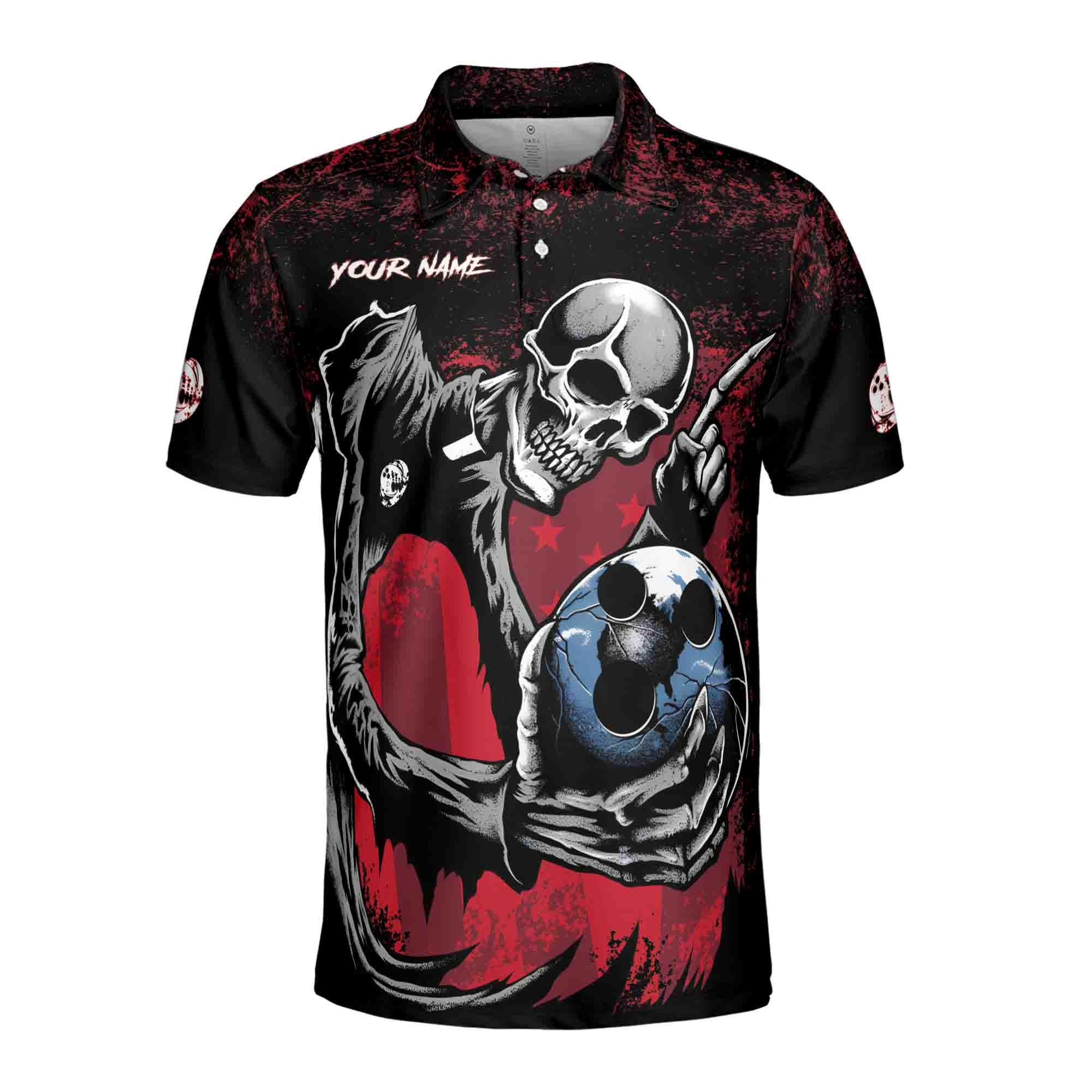 Alternative view of Personalized Team Name Horrified Skull Bowling Ball Men's Polo Shirt