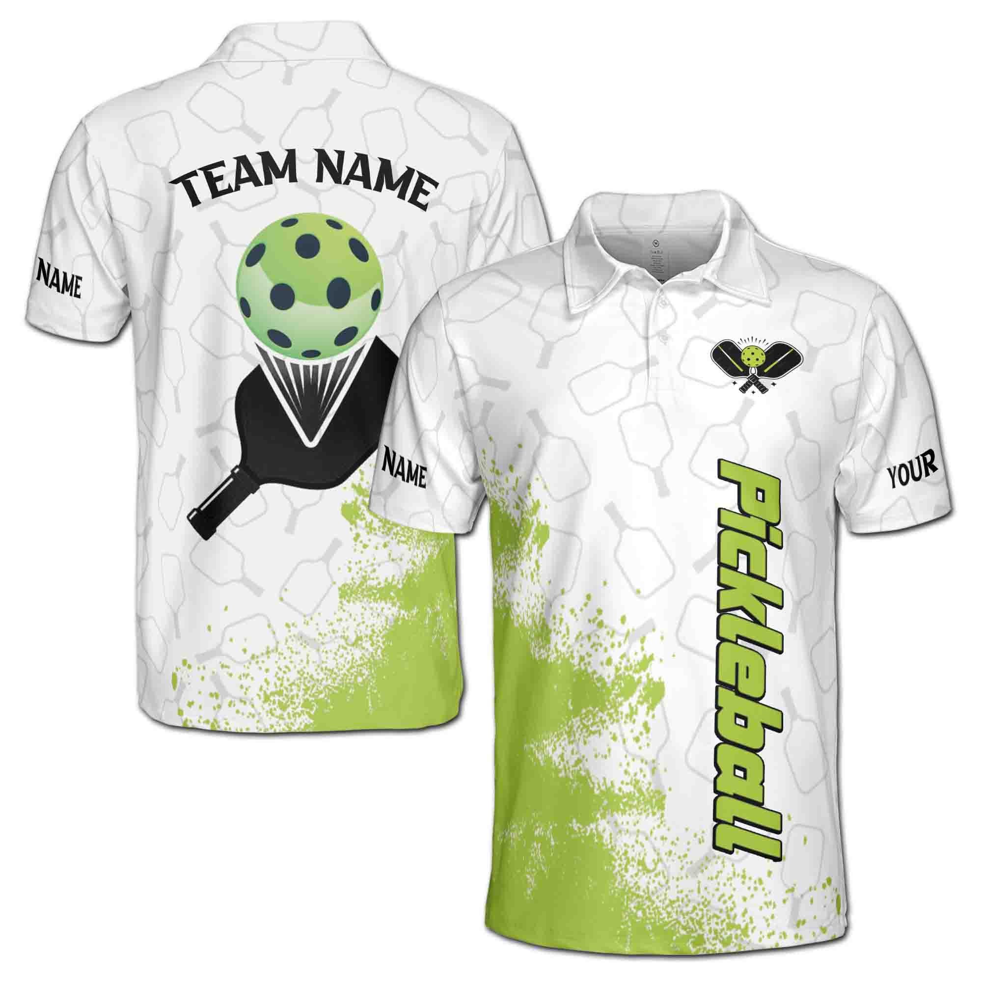 Personalized Team Pickleball White Green Paddle Men's Polo Shirt