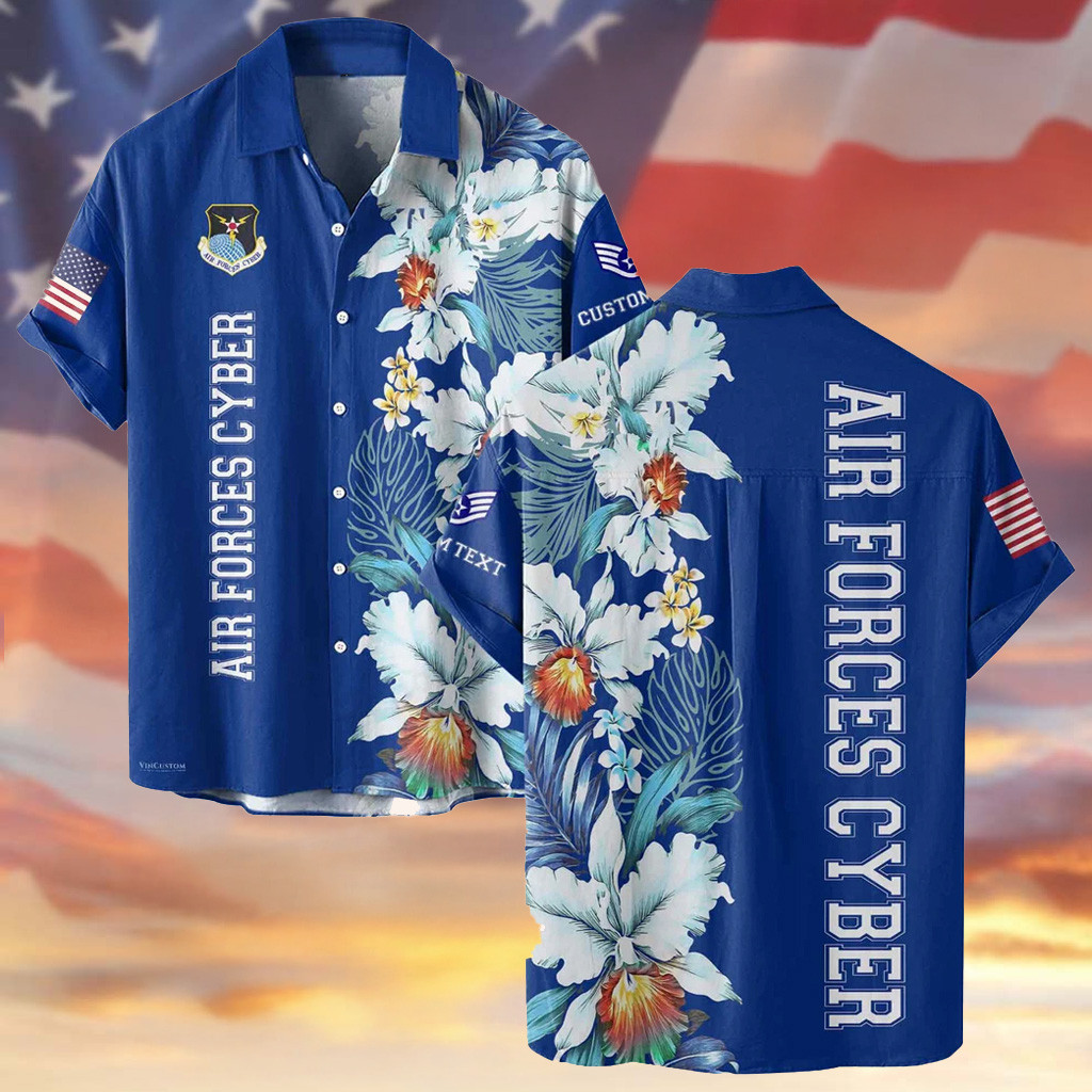 Personalized US Air Force Cyber Hawaiian Shirt Tropical Floral Button Up Shirt Air Force Gifts