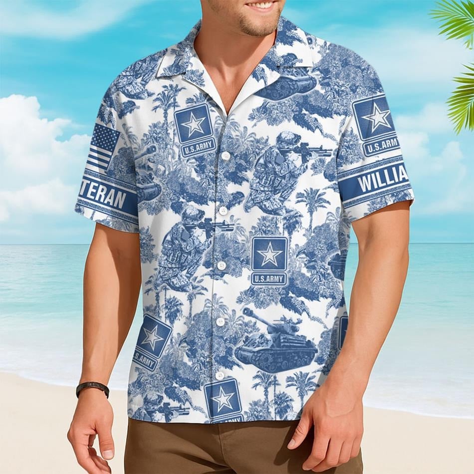 Personalized US Army Hawaiian Shirt Blue Toile De Jouy Pattern Military Best Gifts For Veterans