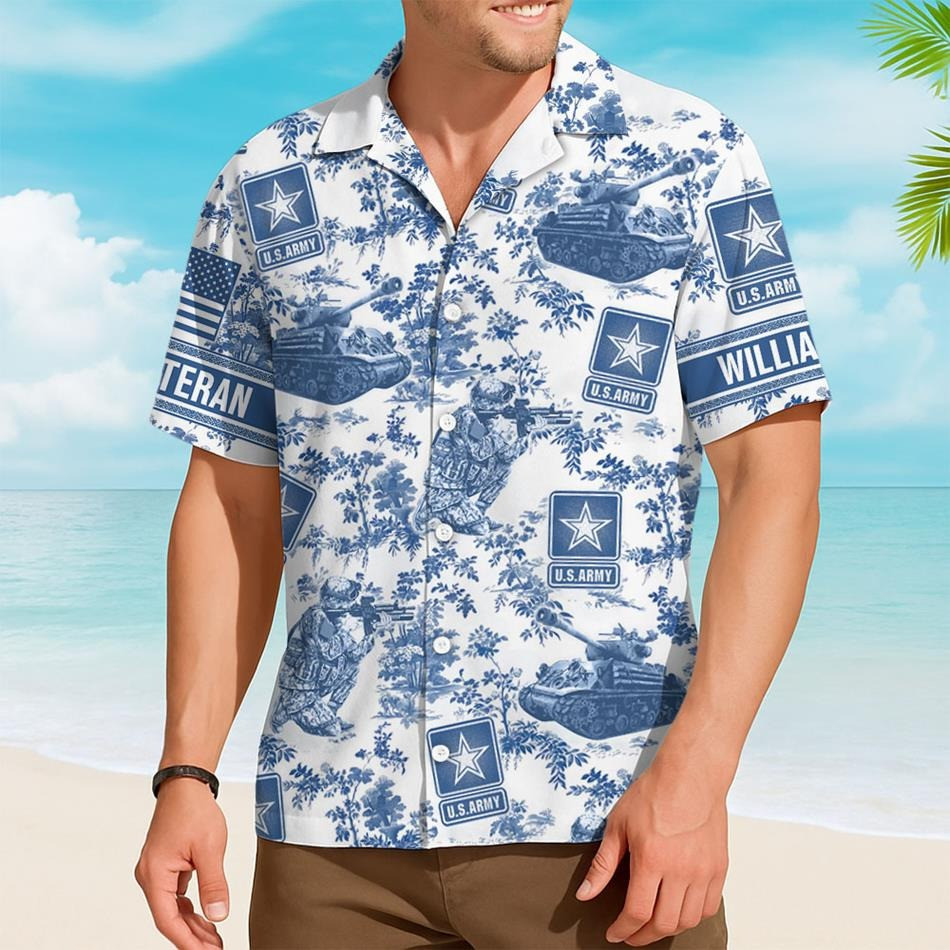 Personalized US Army Hawaiian Shirt Blue Toile De Jouy Pattern Military Gift For Veteran Summer