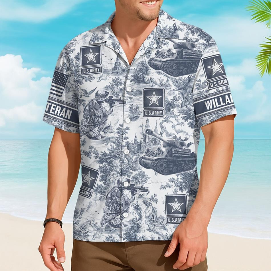 Personalized US Army Hawaiian Shirt Toile De Jouy Pattern Gift For Veteran Summer 2026