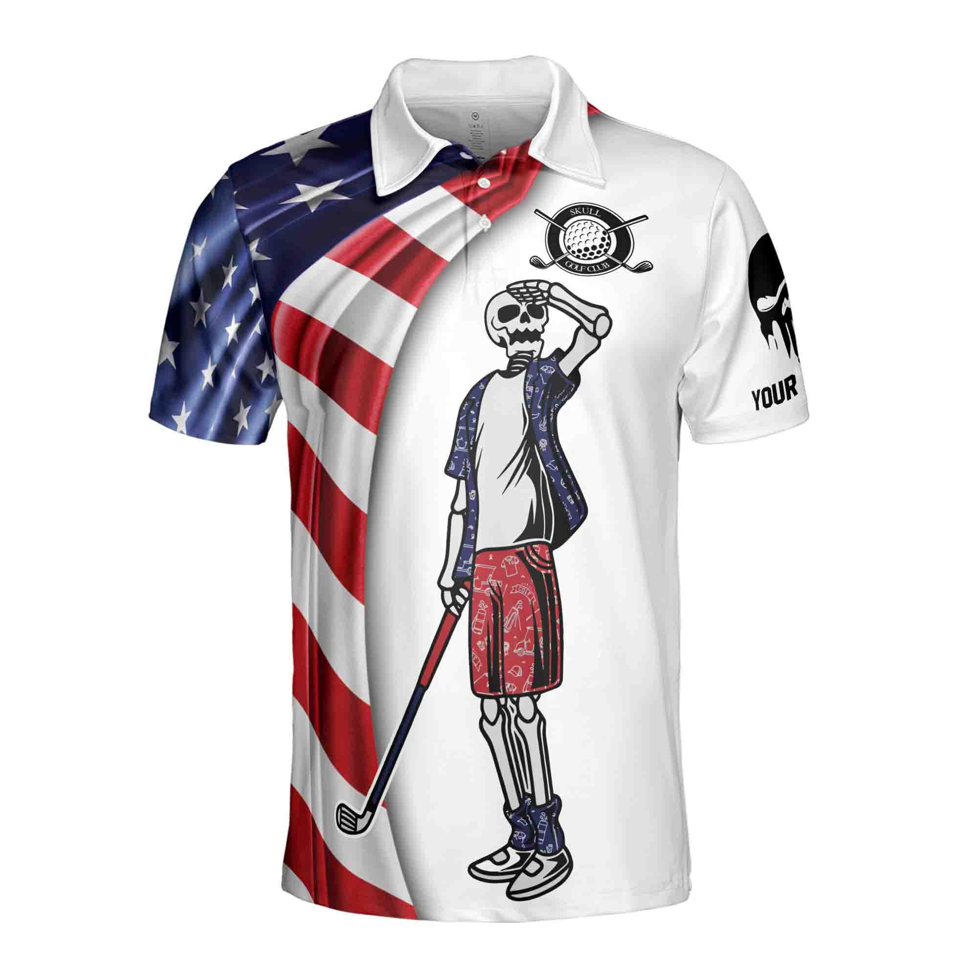 Alternative view of Personalized USA Flag Skull Golf Men's Polo Shirt