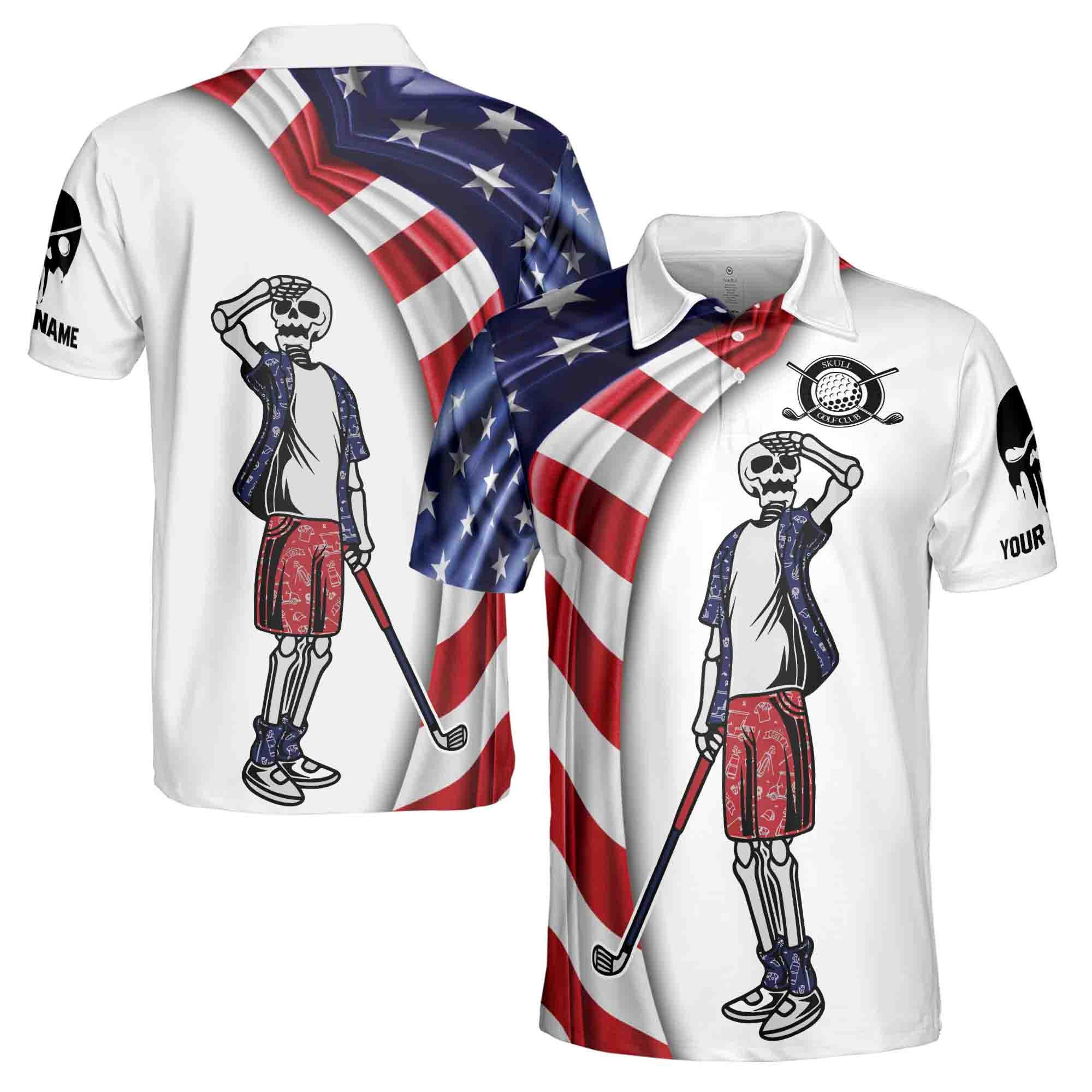 Personalized USA Flag Skull Golf Men's Polo Shirt