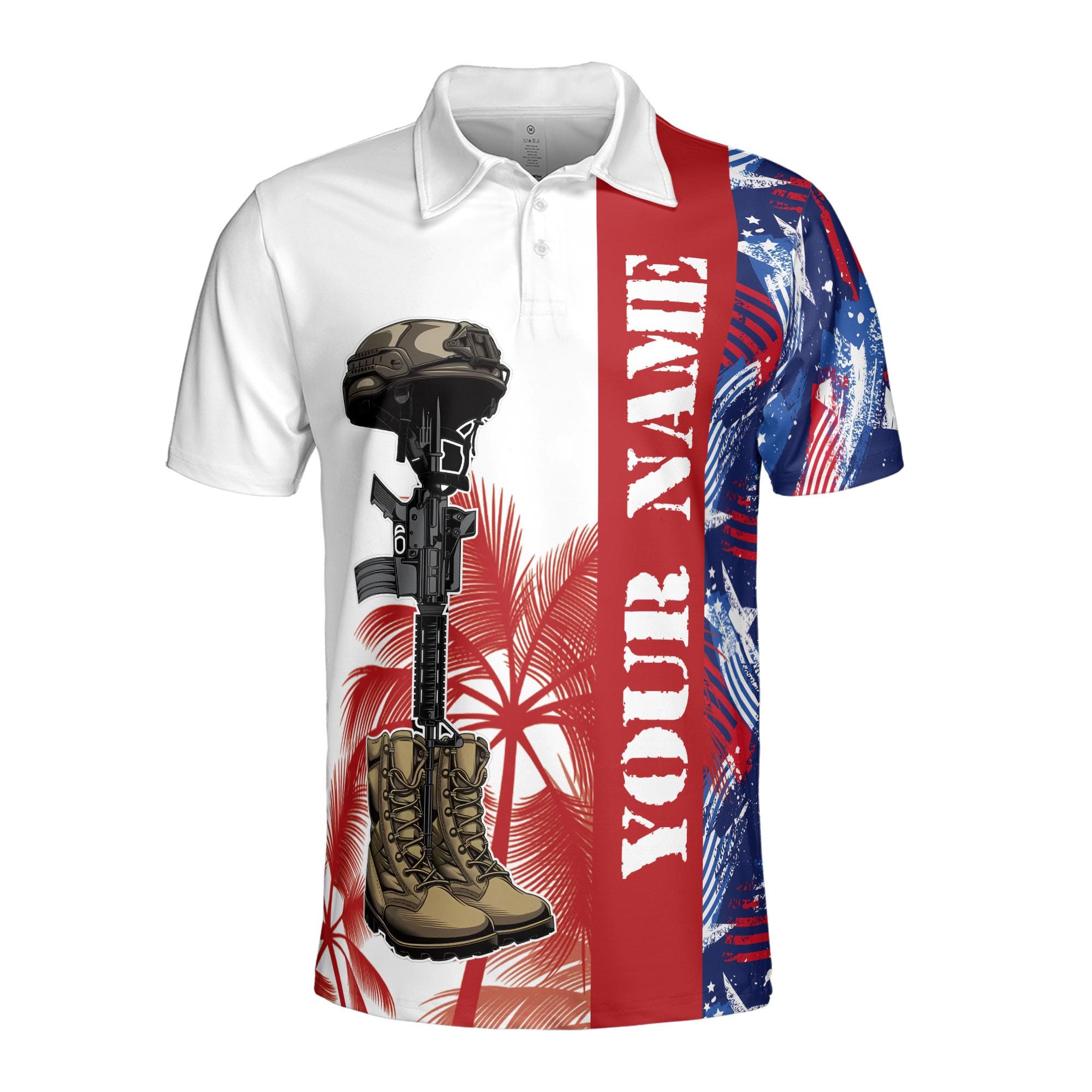 Alternative view of Personalized Veteran American Flag Summer Pattern Men's Polo Shirt
