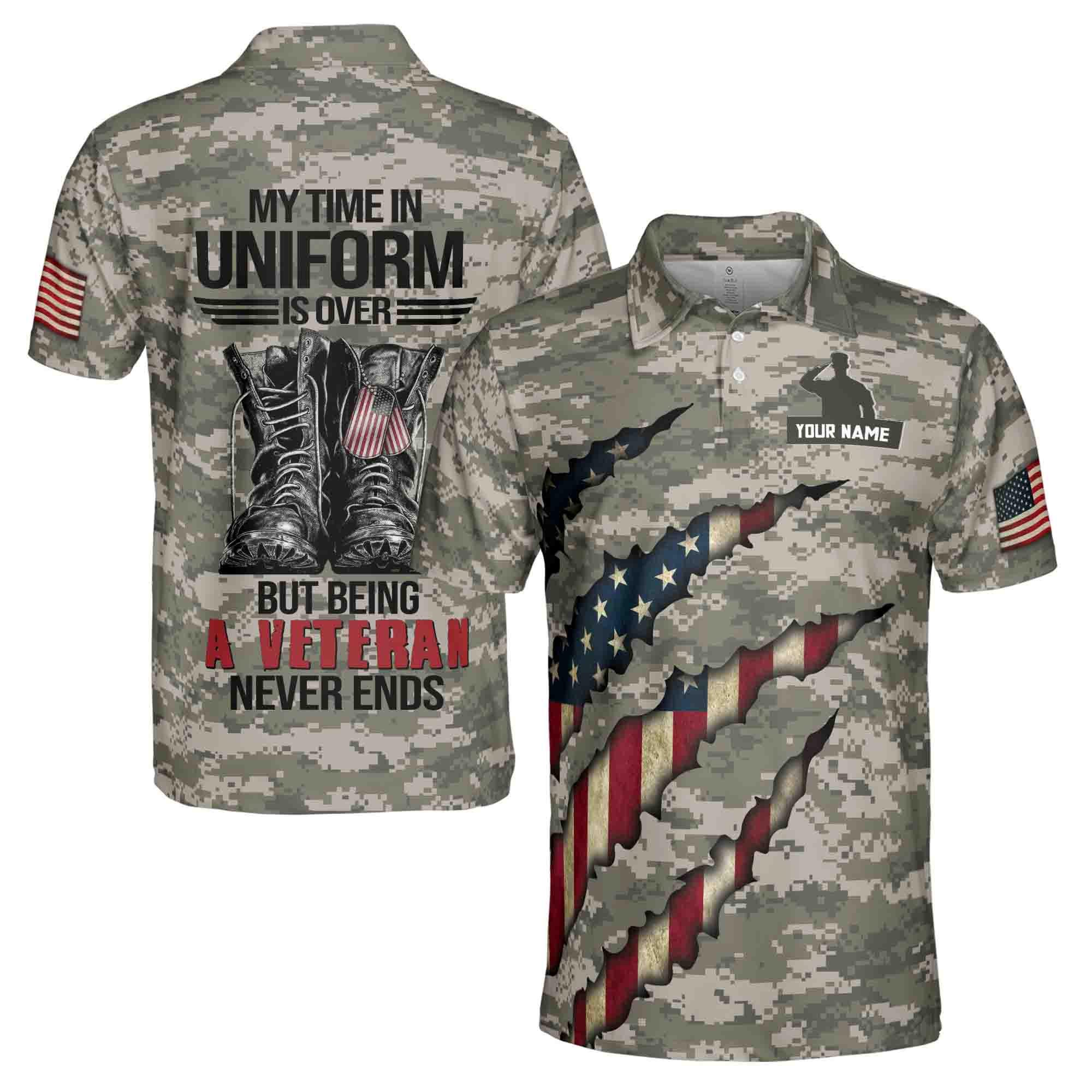 Personalized Veteran Men's Polo Shirt: U.S. Flag Military Camo 3D Print