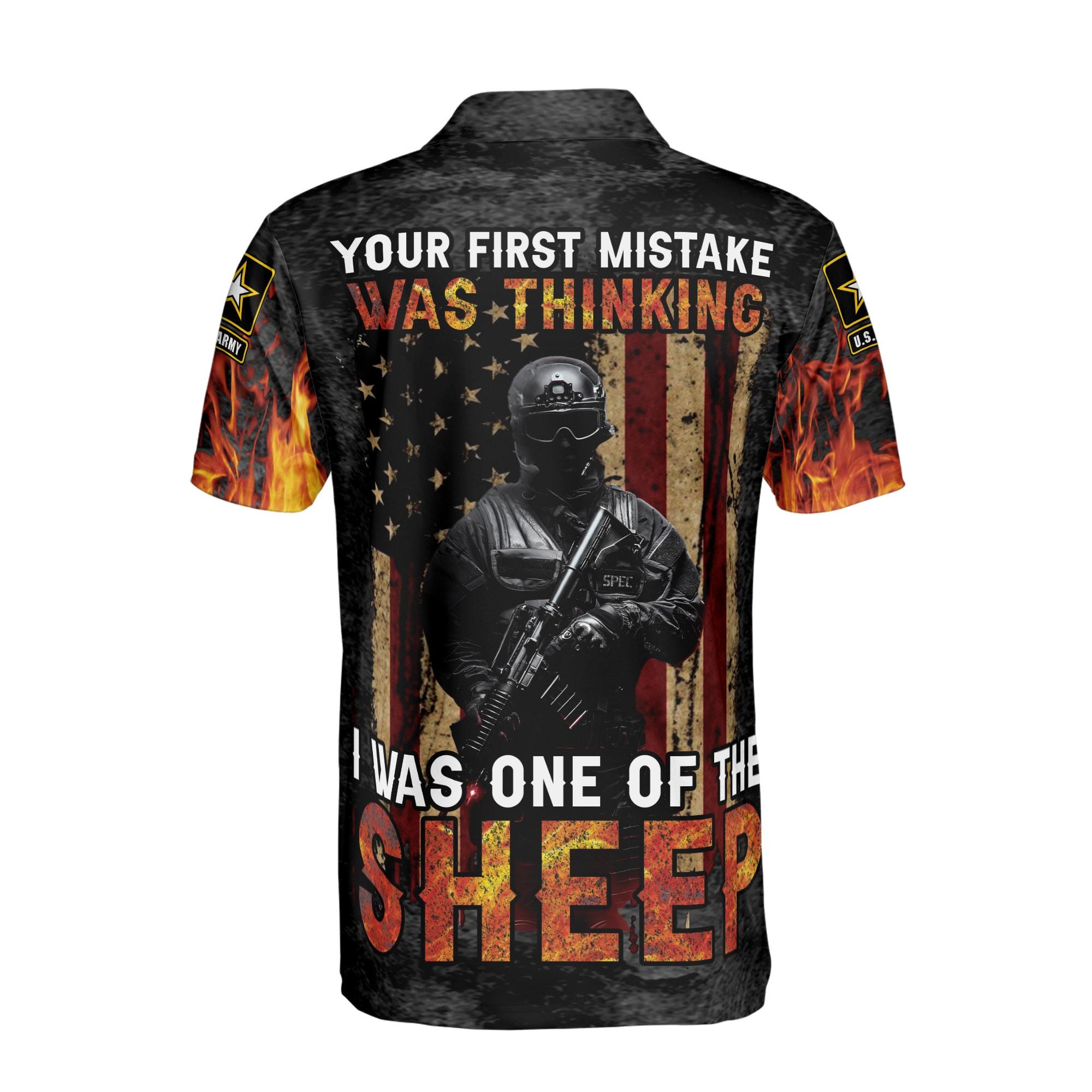 Personalized Veteran Retro America Flag Fire Skull Soldier Men's Polo Shirt - Image 3