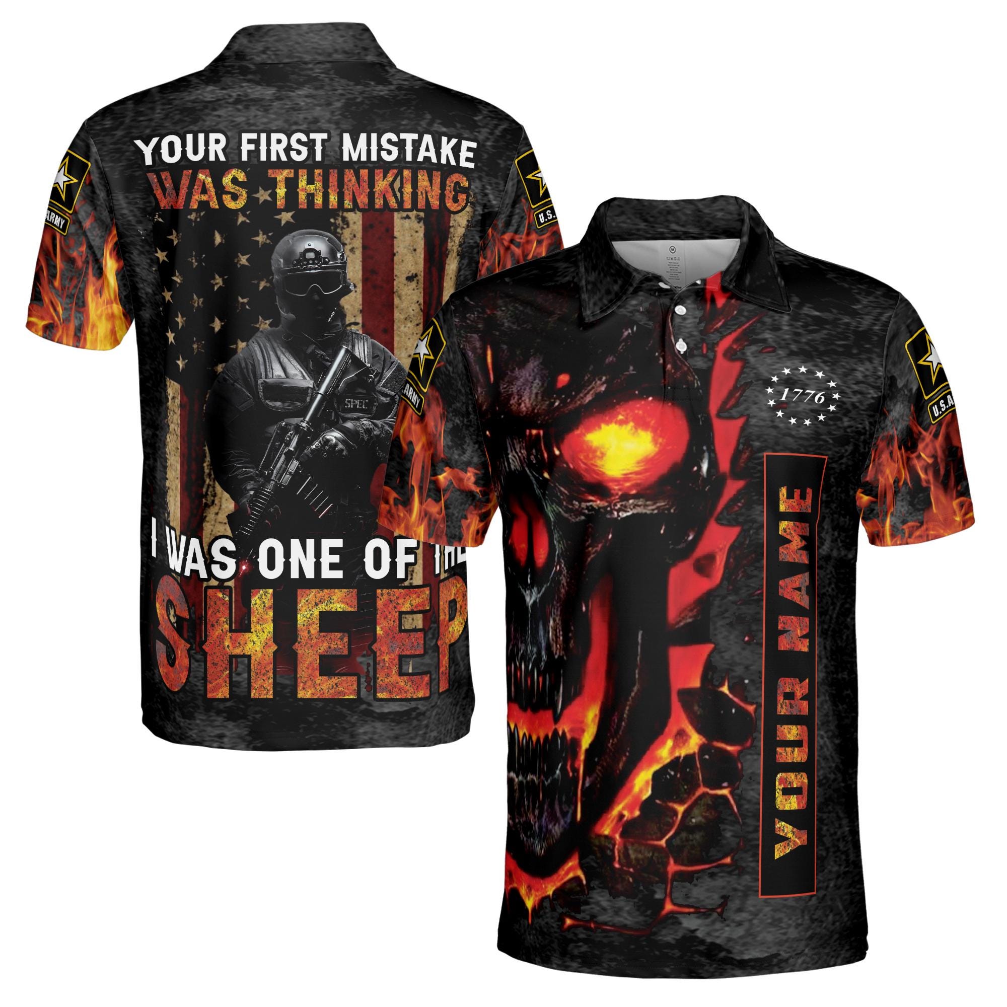 Personalized Veteran Retro America Flag Fire Skull Soldier Men's Polo Shirt