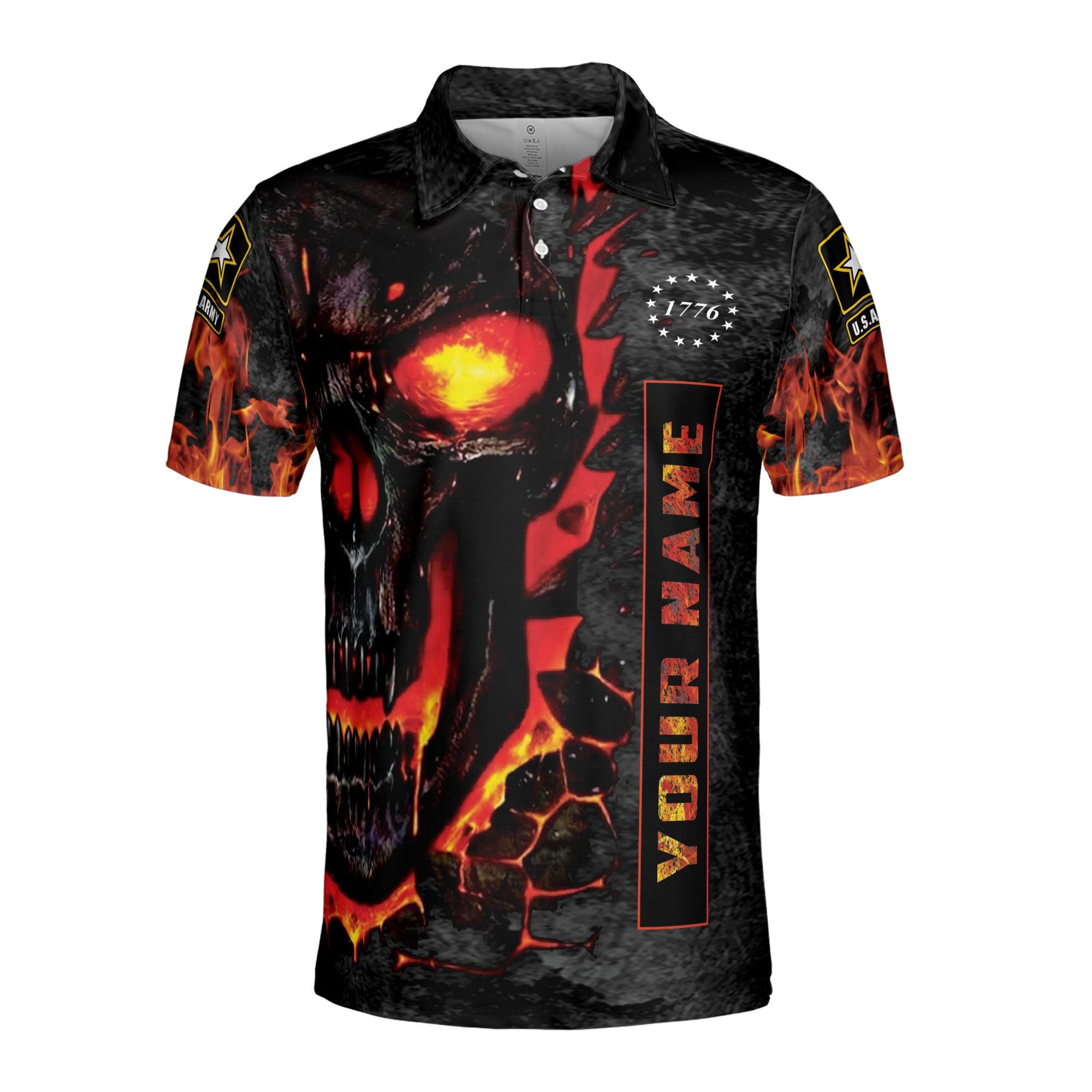 Alternative view of Personalized Veteran Retro America Flag Fire Skull Soldier Men's Polo Shirt