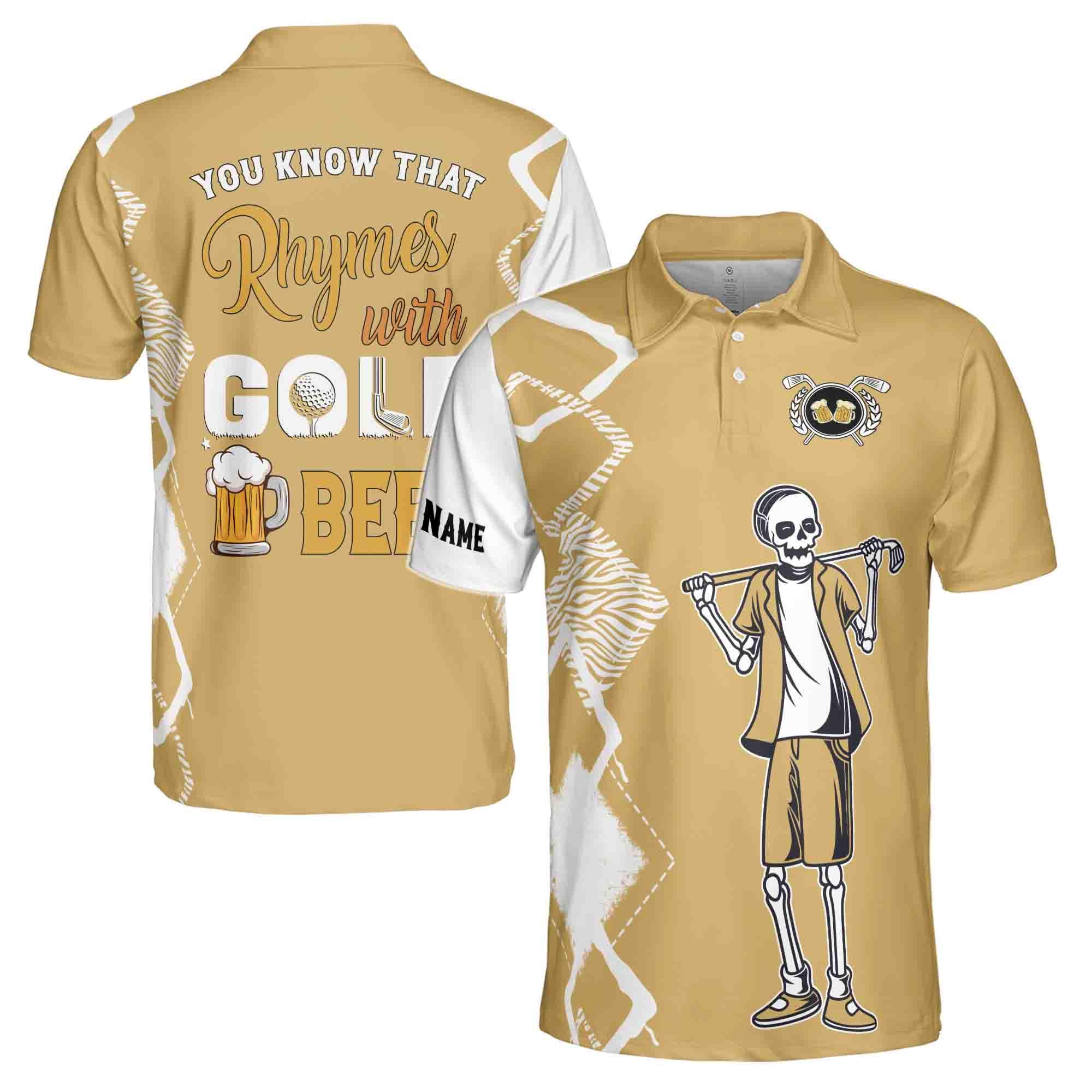 Personalized You Know That Rhymes with Golf Beer Skeleton Golfer Men's Polo Shirt
