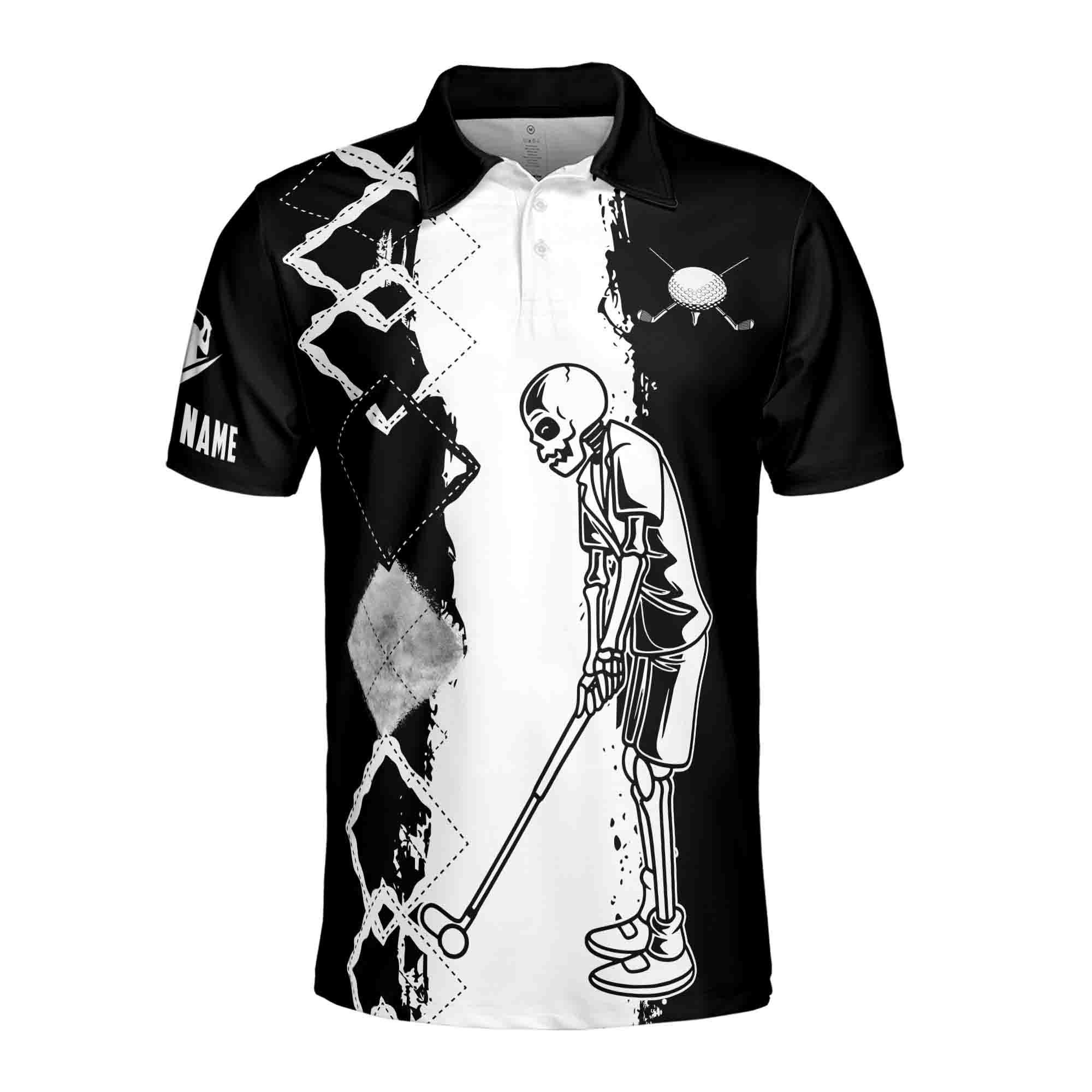 Alternative view of Personalizedize Black And White Skull Golfing Men's Polo Shirt