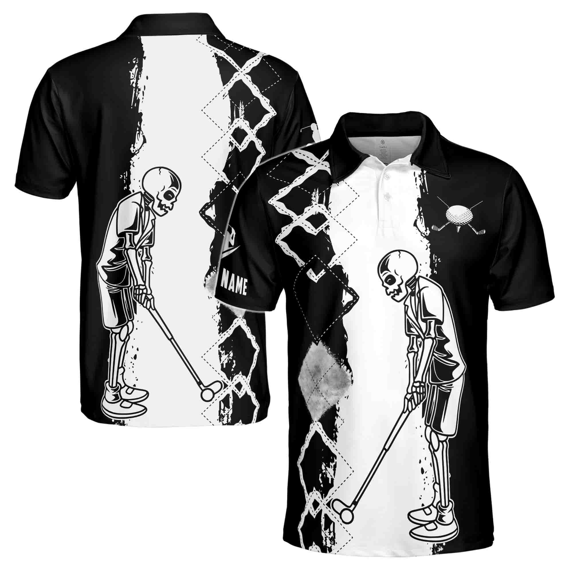 Personalizedize Black And White Skull Golfing Men's Polo Shirt