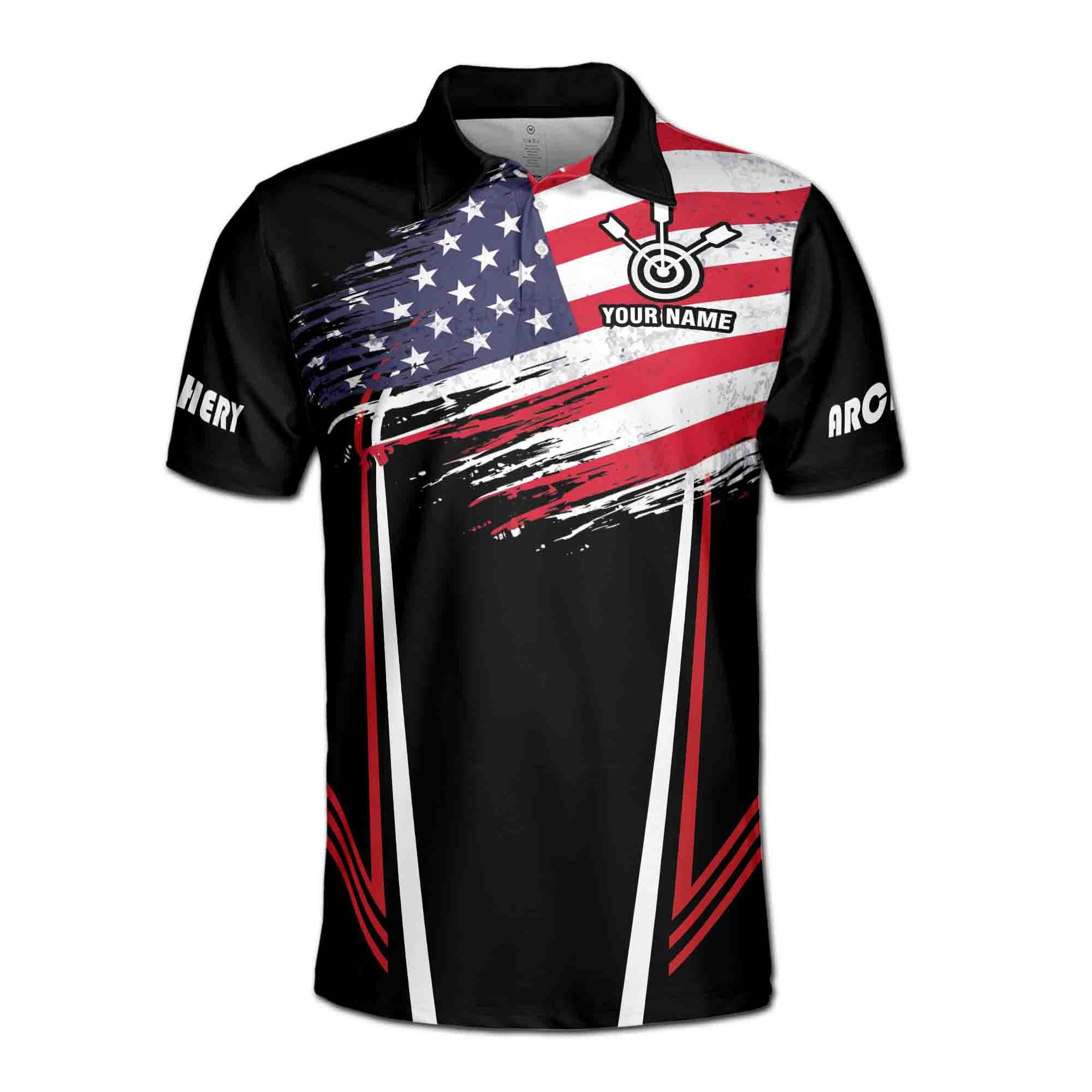 Alternative view of Personalizedize Name Archery Arrow Board Sleak USA Flag Black 3D Men's Polo Shirt