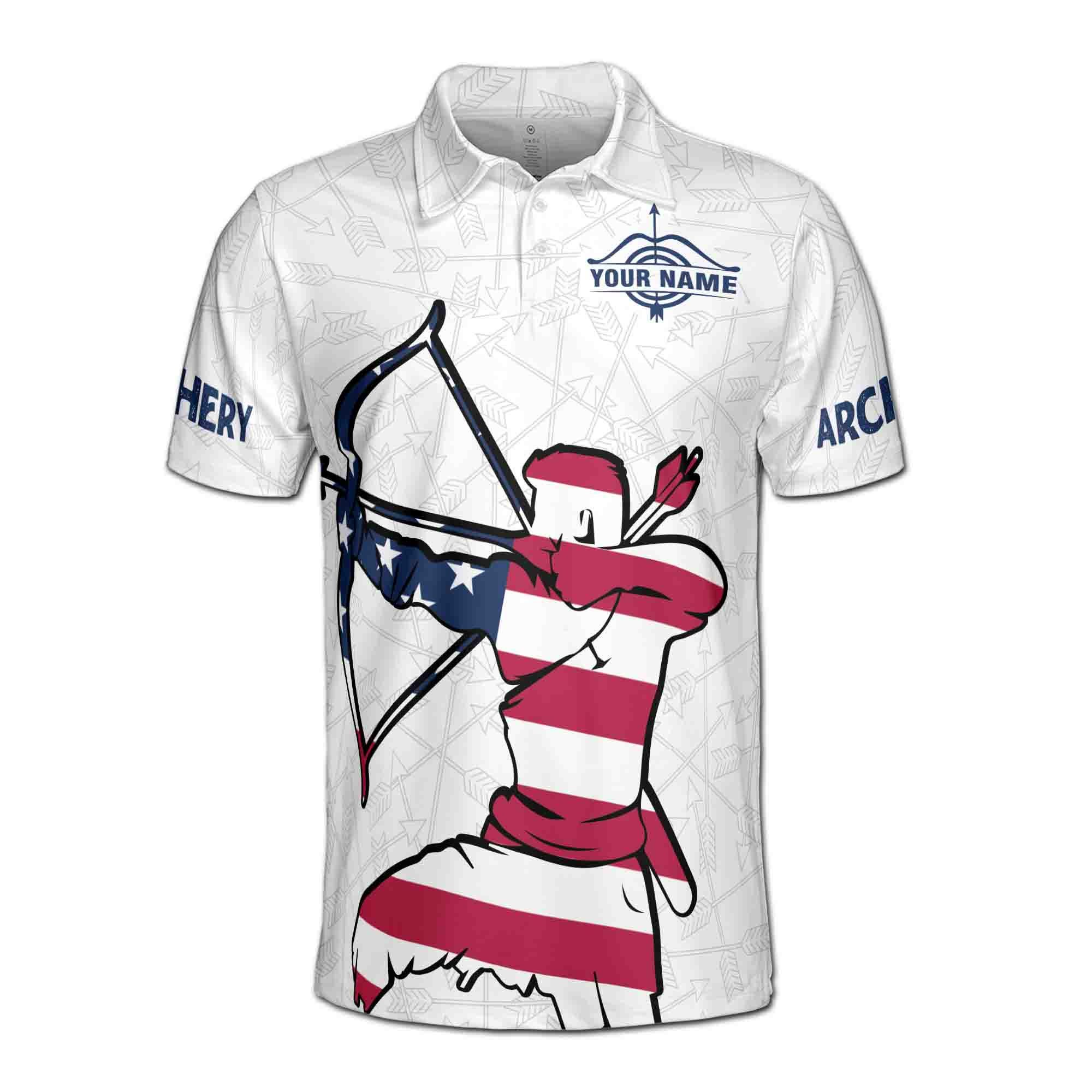 Alternative view of Personalizedize Name Archery Bow Arrow Archer USA Flag White 3D Men's Polo Shirt