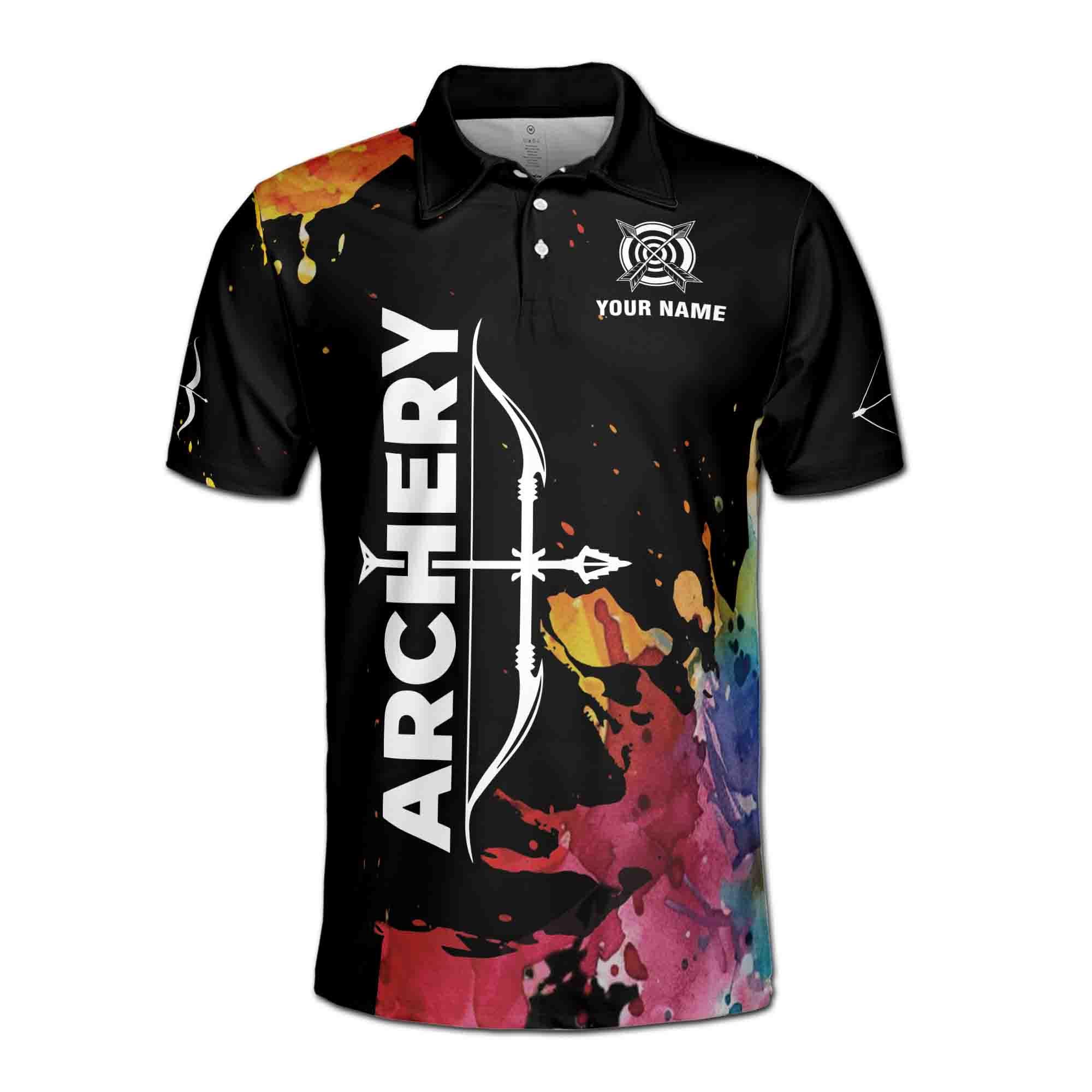 Alternative view of Personalizedize Name Archery Bow Arrow Board Colorful Splashes Black 3D Men's Polo Shirt
