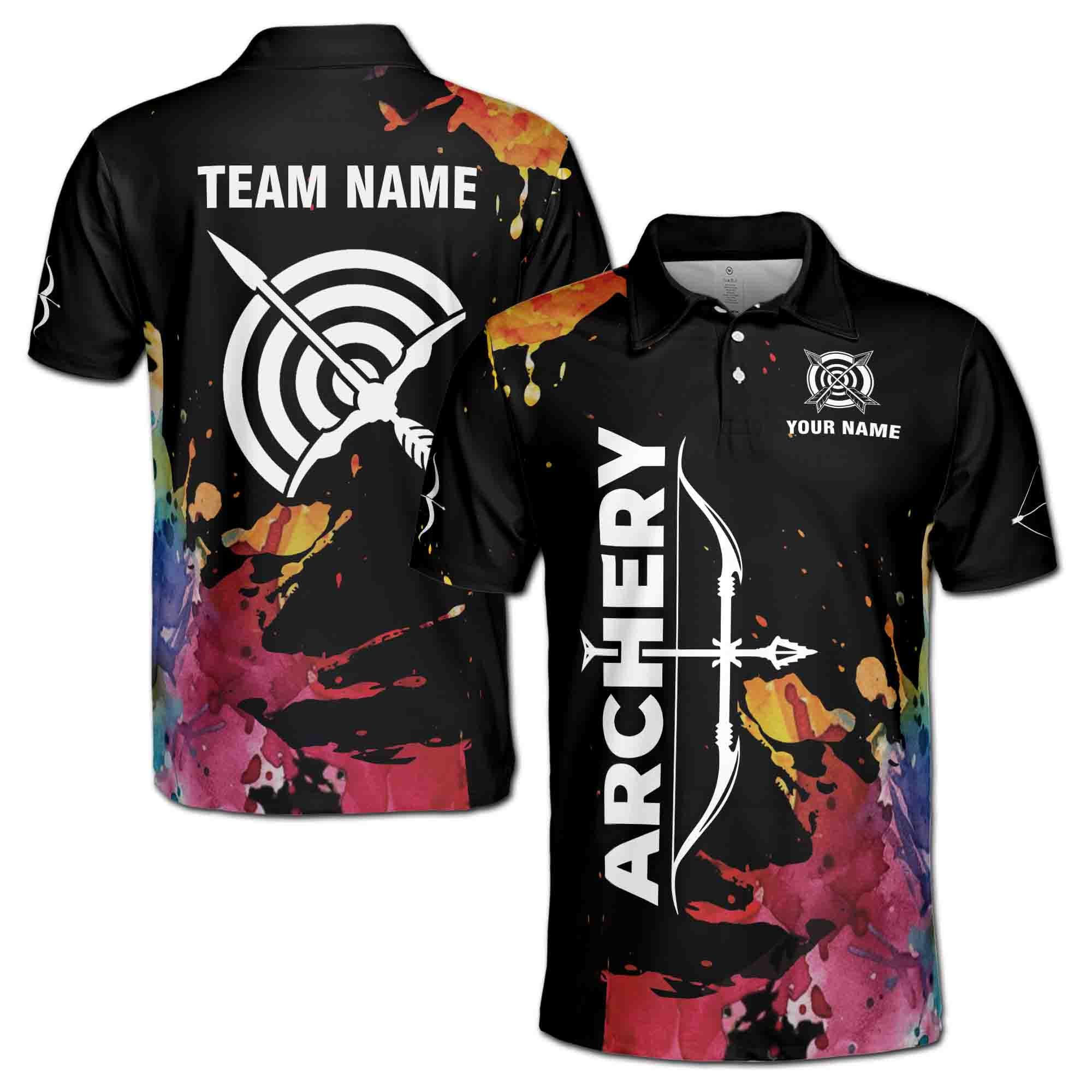 Personalizedize Name Archery Bow Arrow Board Colorful Splashes Black 3D Men's Polo Shirt