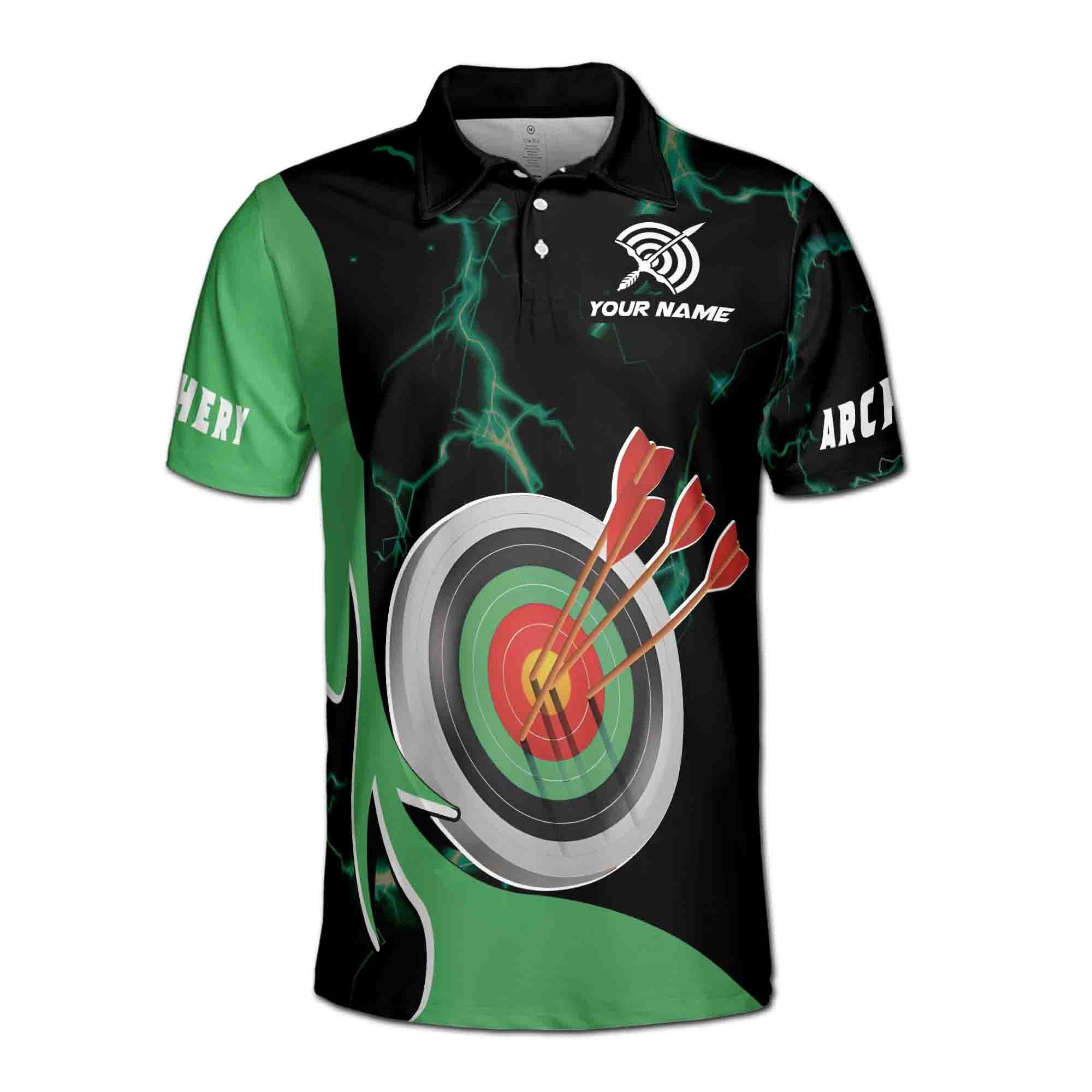 Alternative view of Personalizedize Name Archery Bow Arrow Board Lightning Black Green 3D Men's Polo Shirt