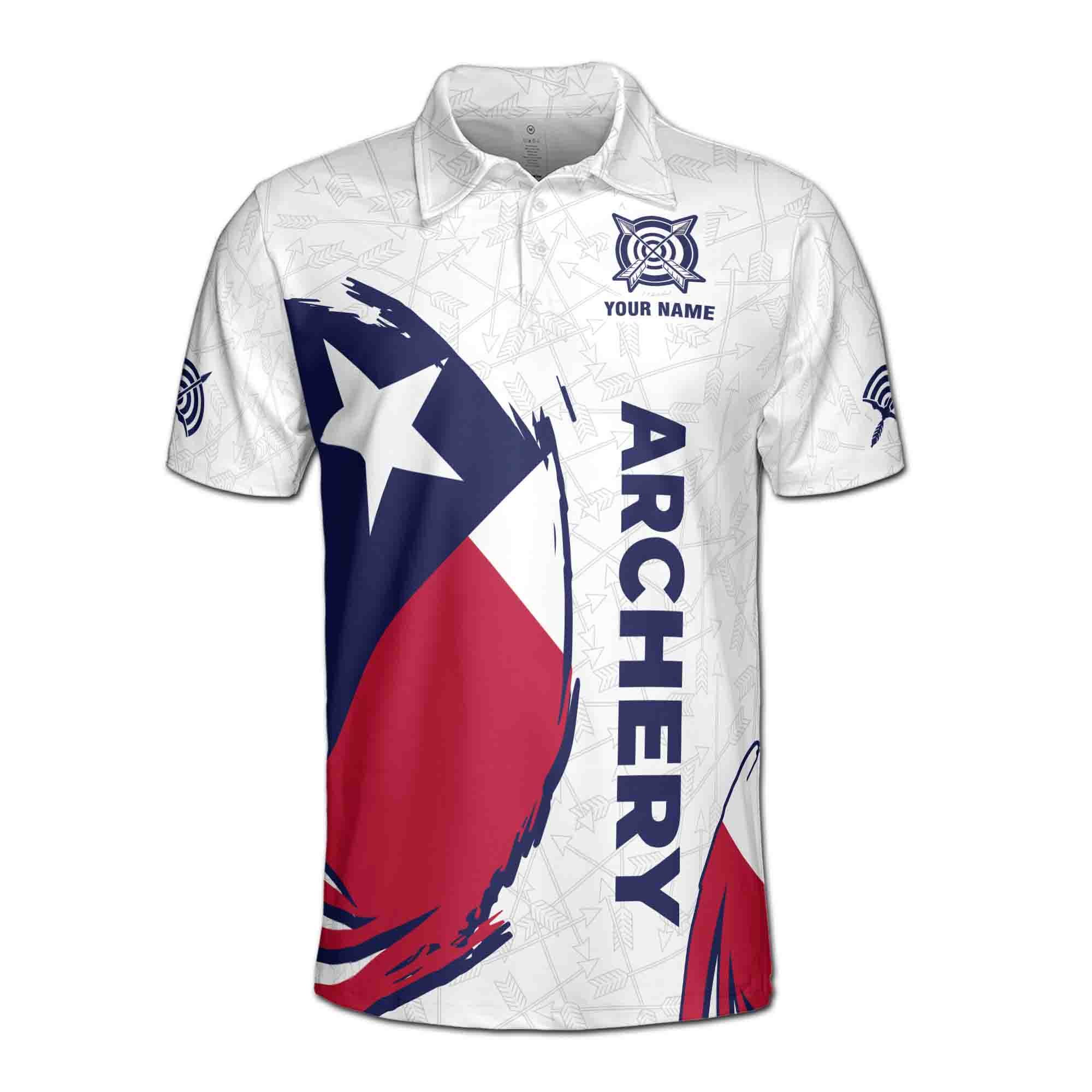 Alternative view of Personalizedize Name Archery Bow Arrow Board Texas Flag White 3D Men's Polo Shirt