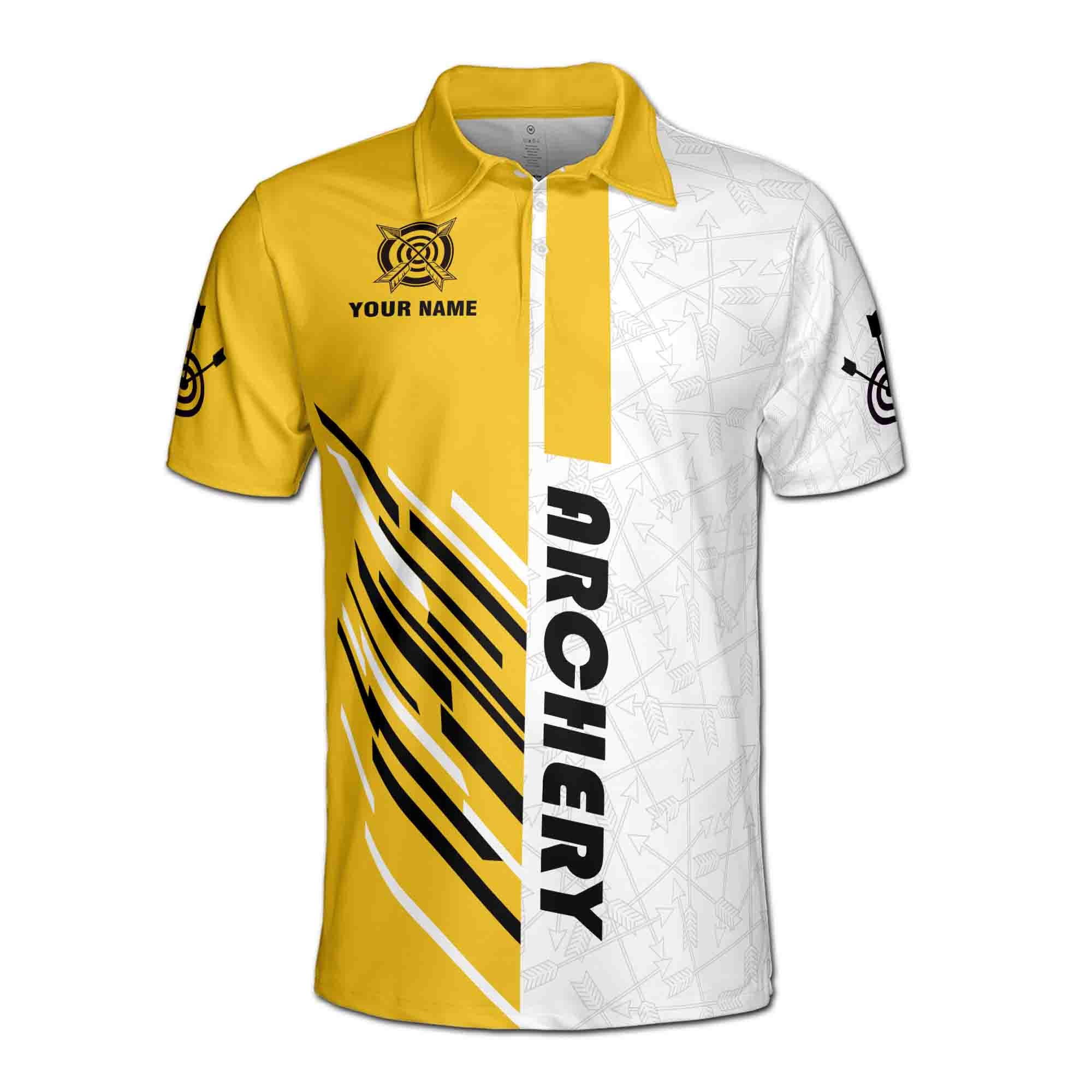 Alternative view of Personalizedize Name Archery Bow Arrow Board White Yellow 3D Men's Polo Shirt