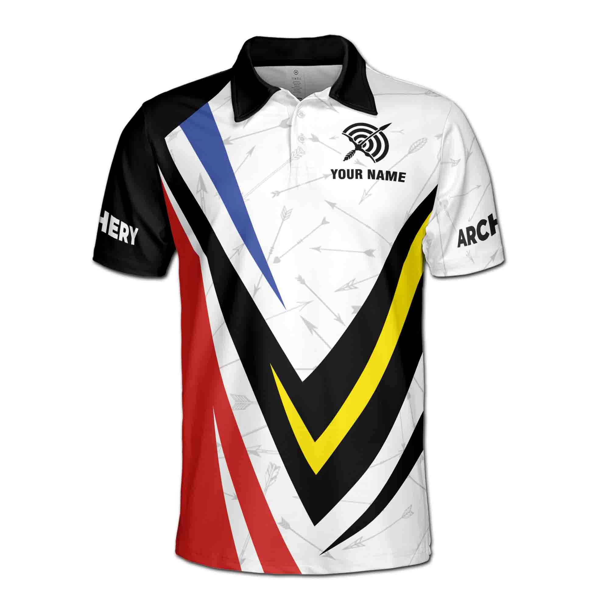 Alternative view of Personalizedize Name Archery Bow Board Arrow Pattern White 3D Men's Polo Shirt
