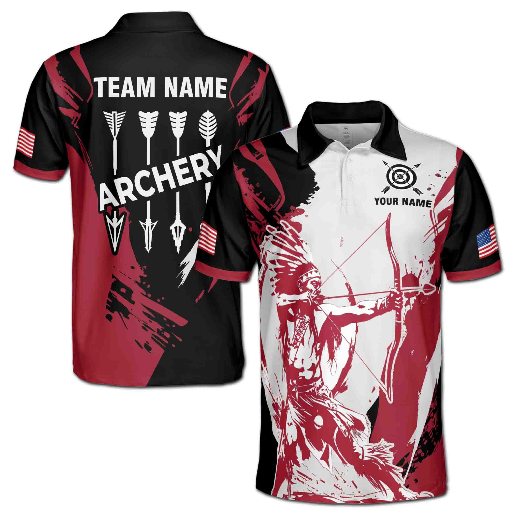 Alternative view of Personalizedize Name Archery Native Archer USA Flag Black Red White 3D Men's Polo Shirt
