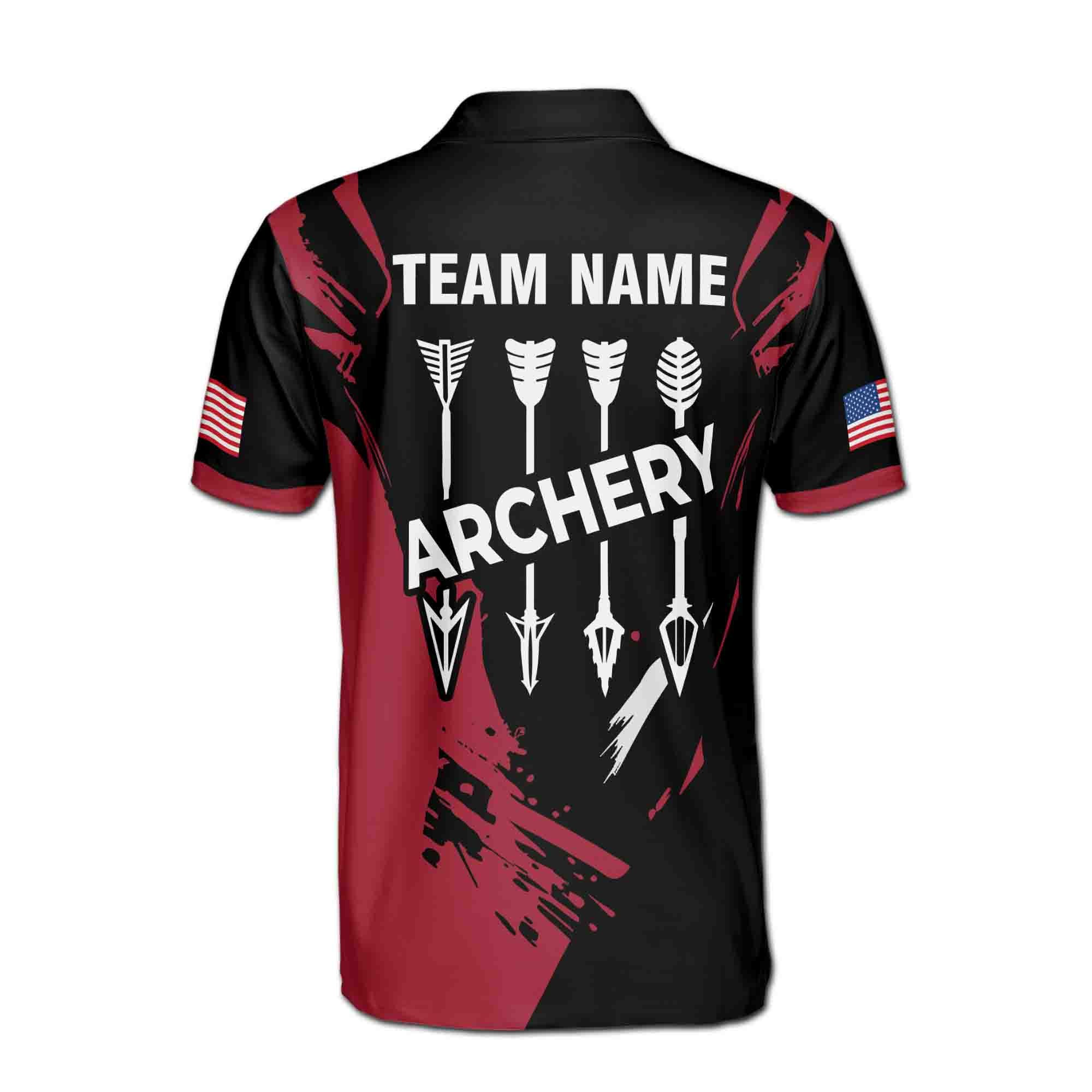 Personalizedize Name Archery Native Archer USA Flag Black Red White 3D Men's Polo Shirt - Image 3
