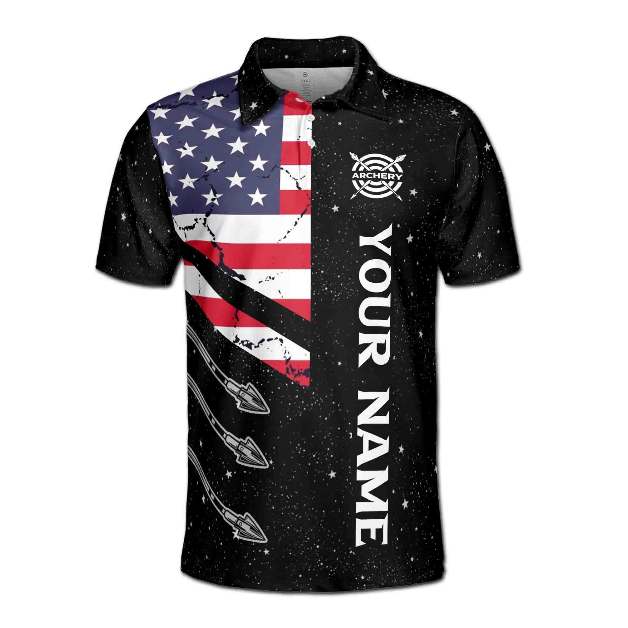 Alternative view of Personalizedize Name Archery Starry Night Sky USA Flag Black 3D Men's Polo Shirt