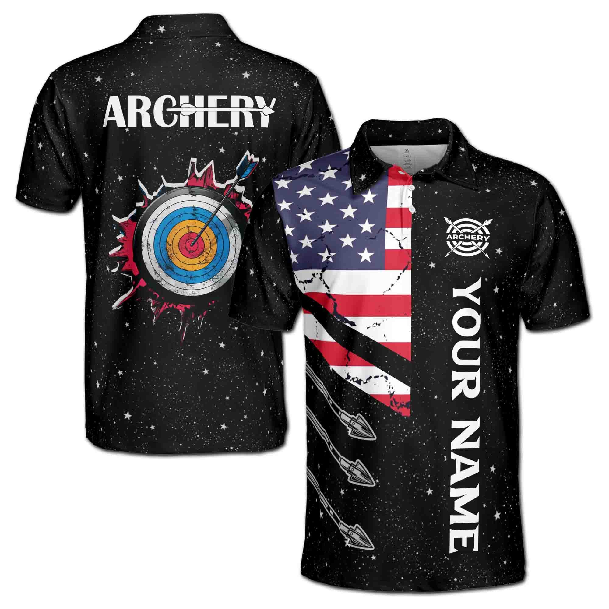 Personalizedize Name Archery Starry Night Sky USA Flag Black 3D Men's Polo Shirt