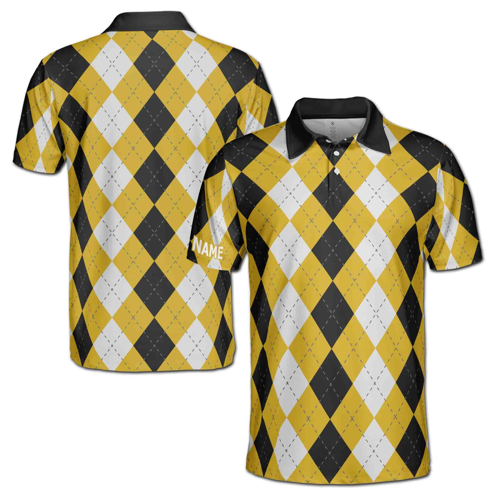 Personalizedize Name Argyle Pattern Yellow Black White 3D Men's Polo Shirt