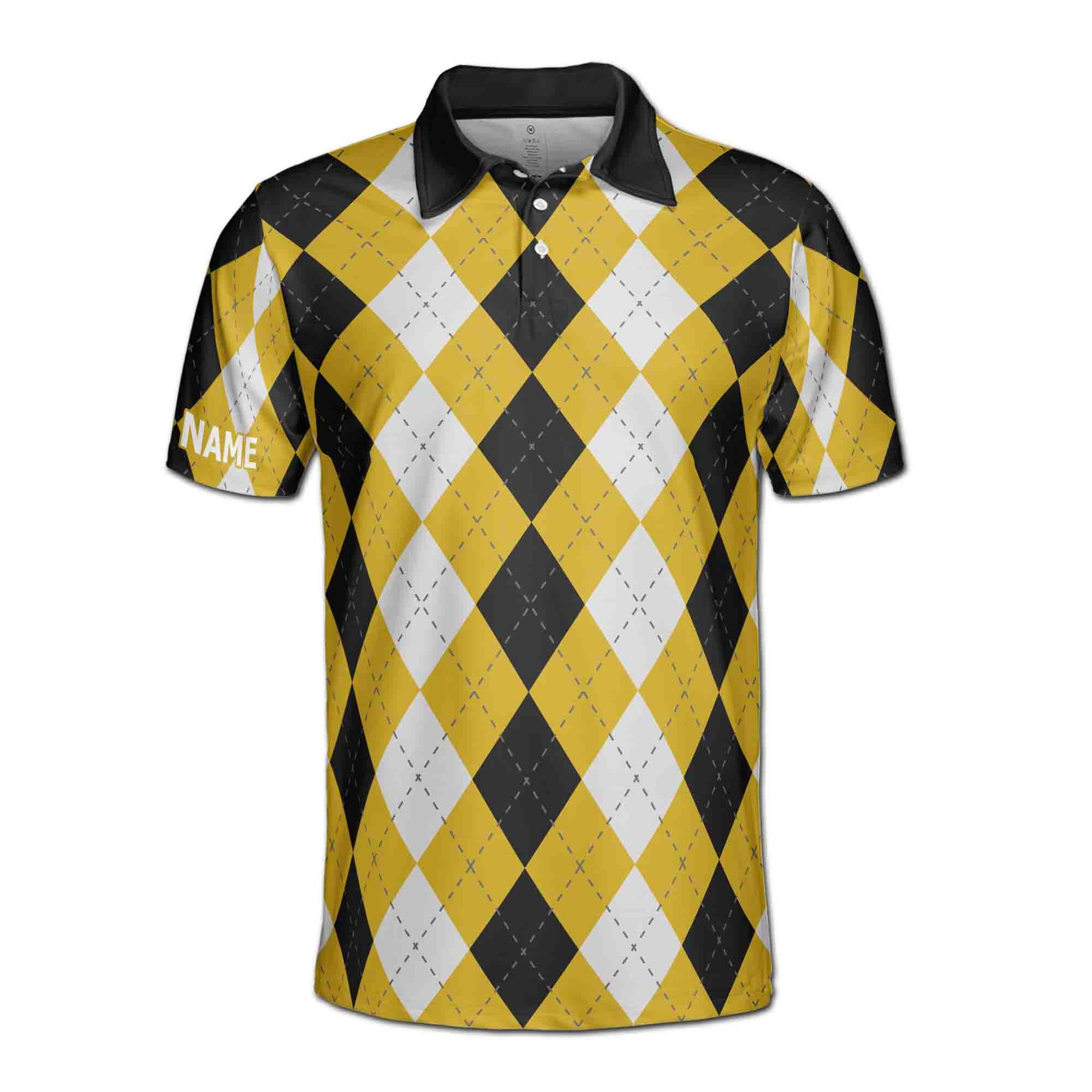 Alternative view of Personalizedize Name Argyle Pattern Yellow Black White 3D Men's Polo Shirt