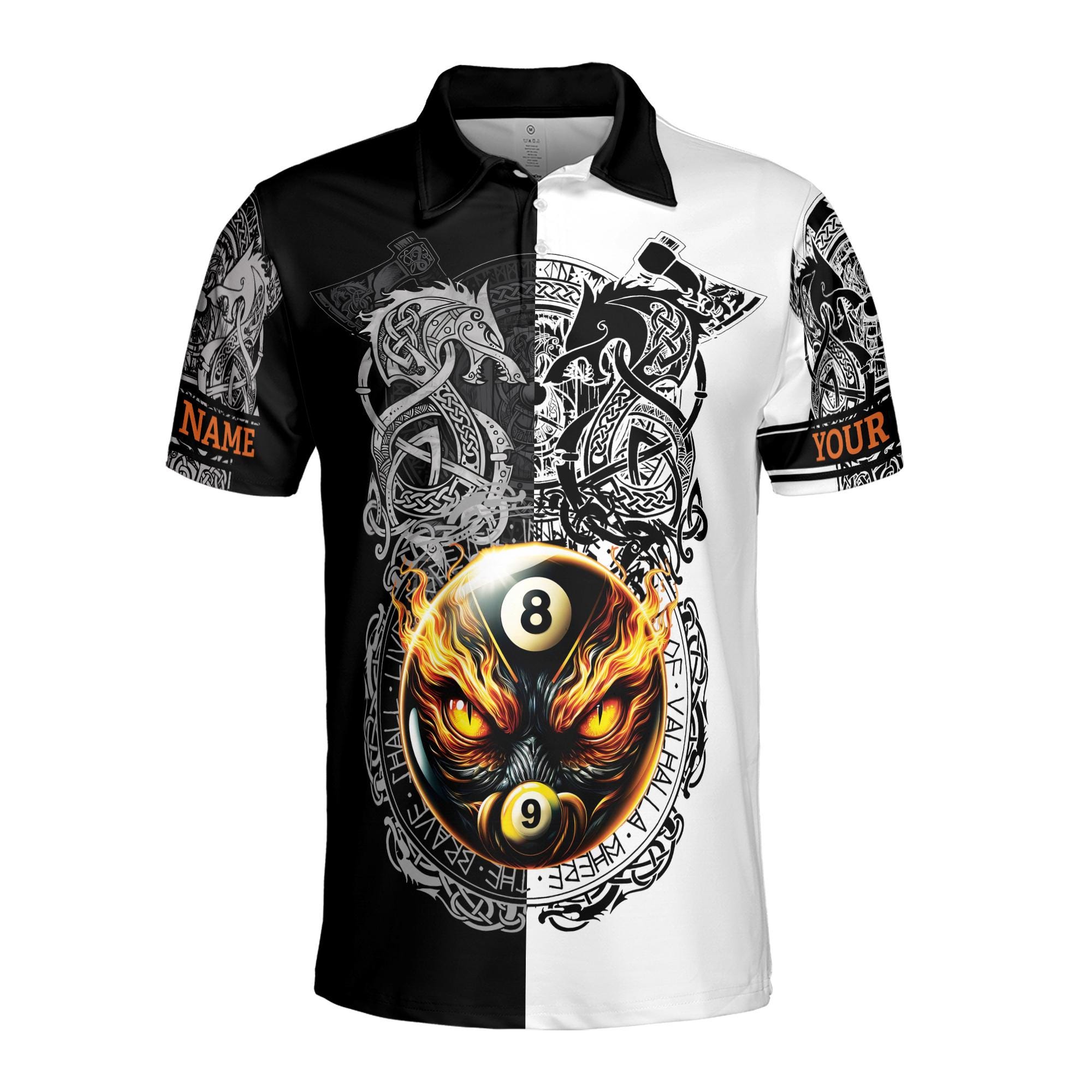 Alternative view of Personalizedize Name Billiard Balls Dragons Fiery Glare Tribal Pattern Black White 3D Men's Polo Shirt