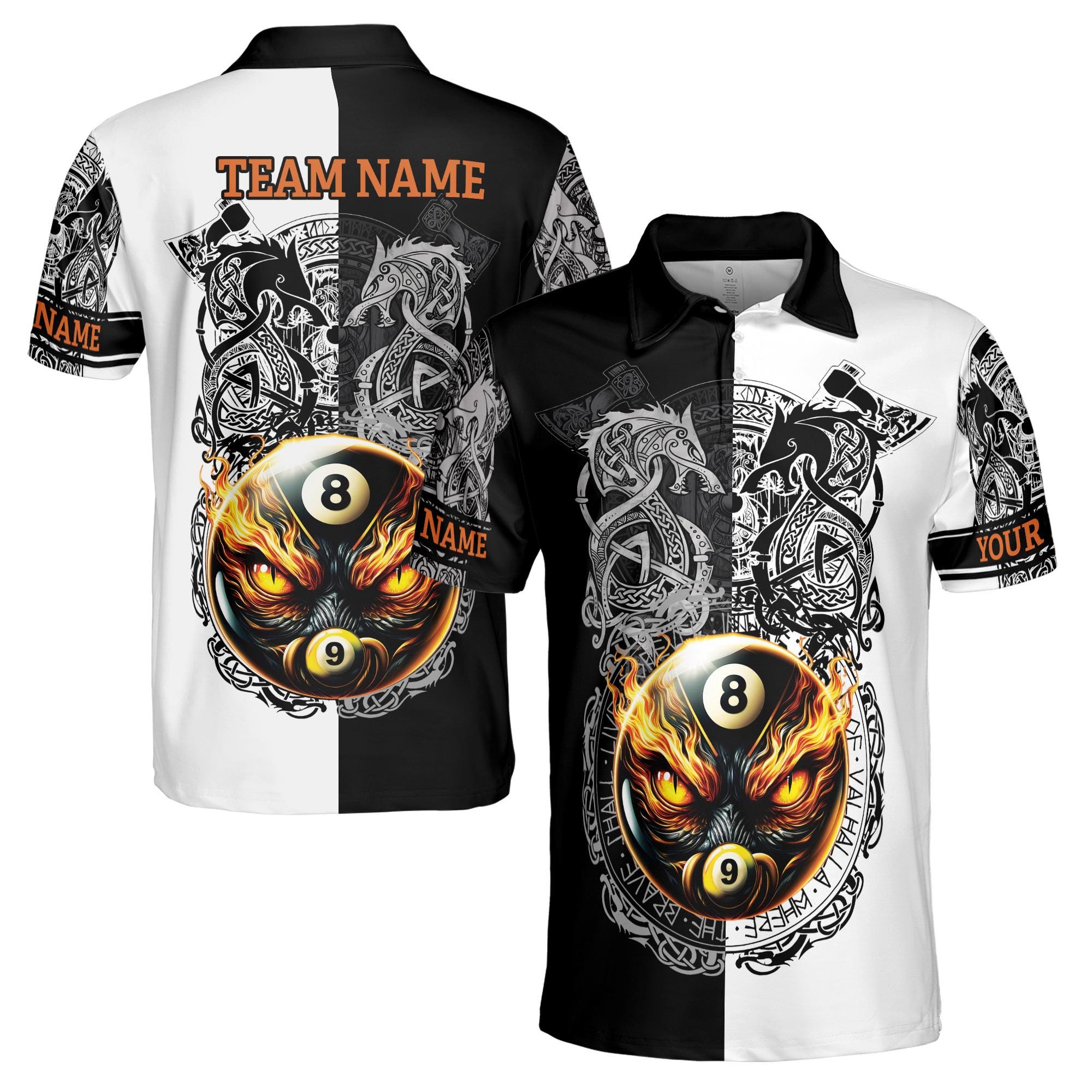 Personalizedize Name Billiard Balls Dragons Fiery Glare Tribal Pattern Black White 3D Men's Polo Shirt