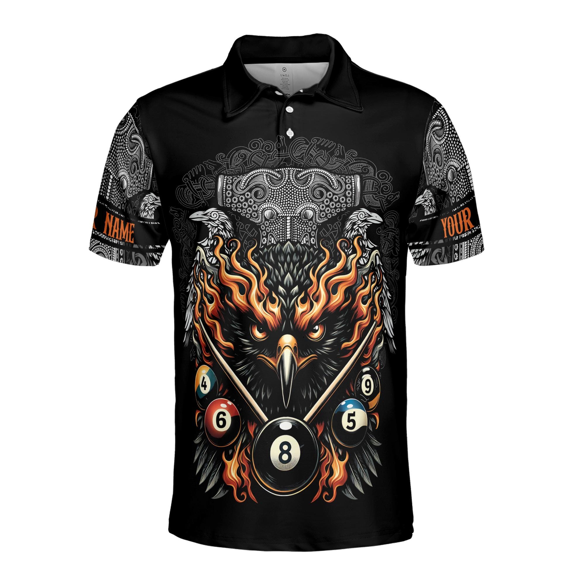 Alternative view of Personalizedize Name Billiard Balls Flaming Eagle Tribal Pattern Black 3D Men's Polo Shirt