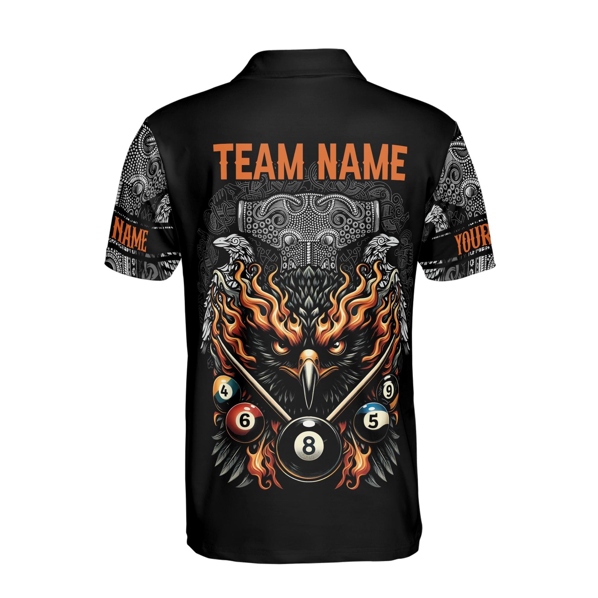 Personalizedize Name Billiard Balls Flaming Eagle Tribal Pattern Black 3D Men's Polo Shirt - Image 3