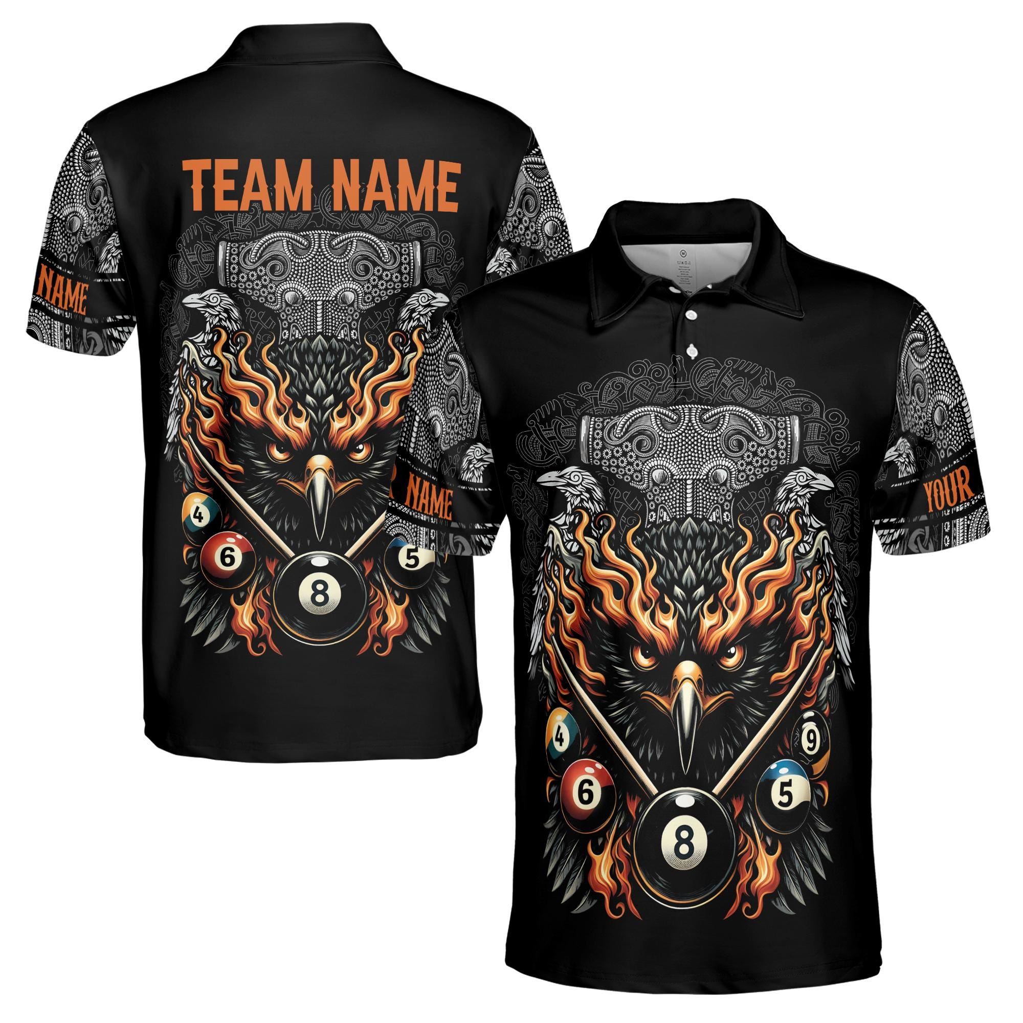 Personalizedize Name Billiard Balls Flaming Eagle Tribal Pattern Black 3D Men's Polo Shirt