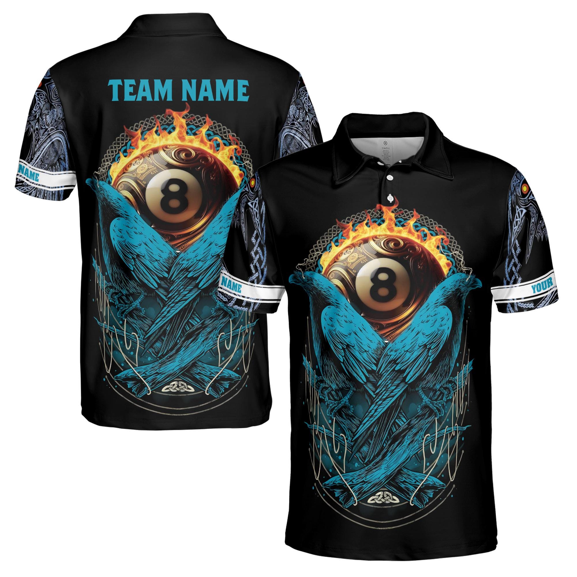 Personalizedize Name Billiard Balls Ravens Fire Black Blue 3D Men's Polo Shirt